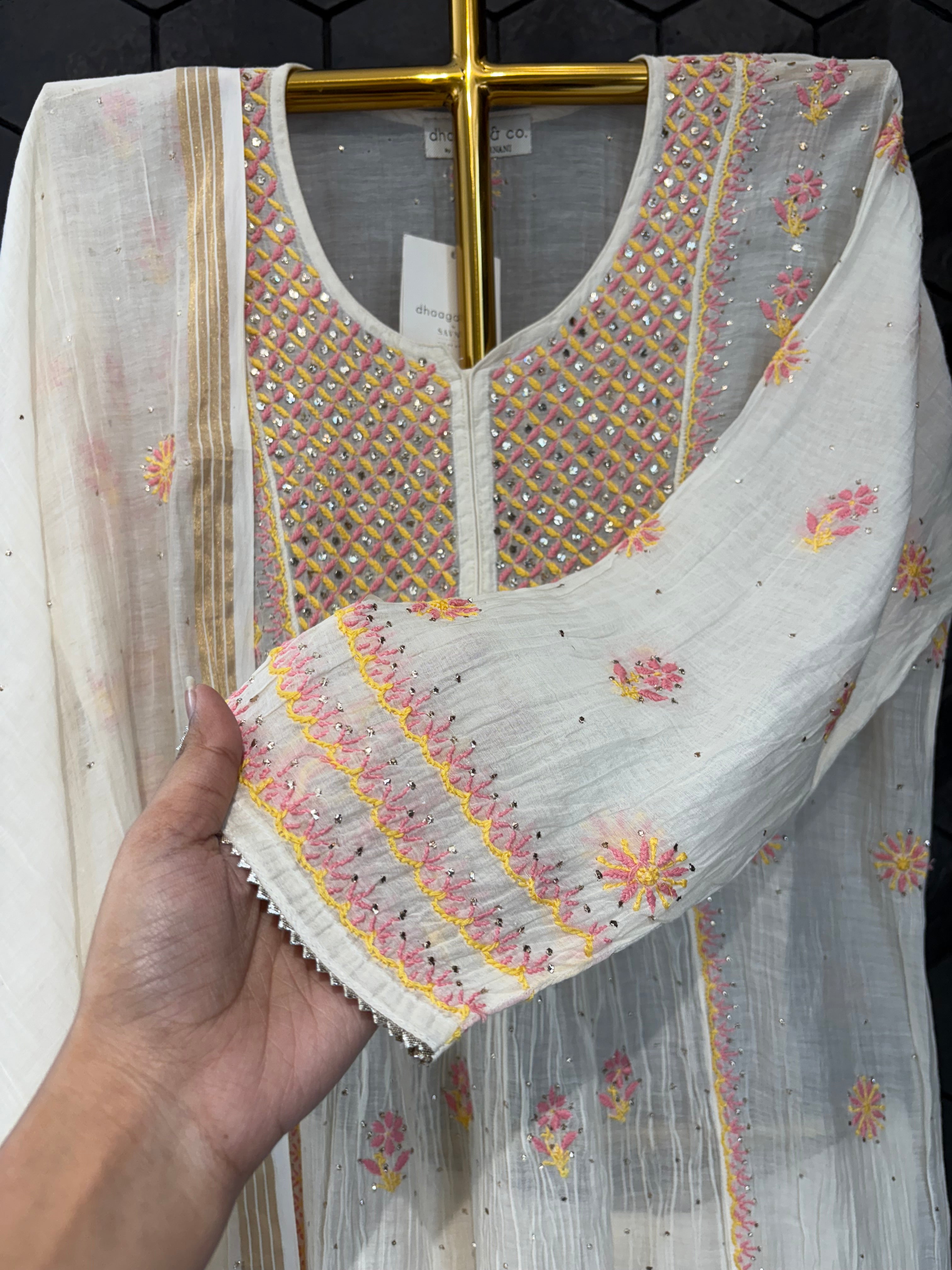 Multi Thread Mul Chanderi Chikankari Garara Set
