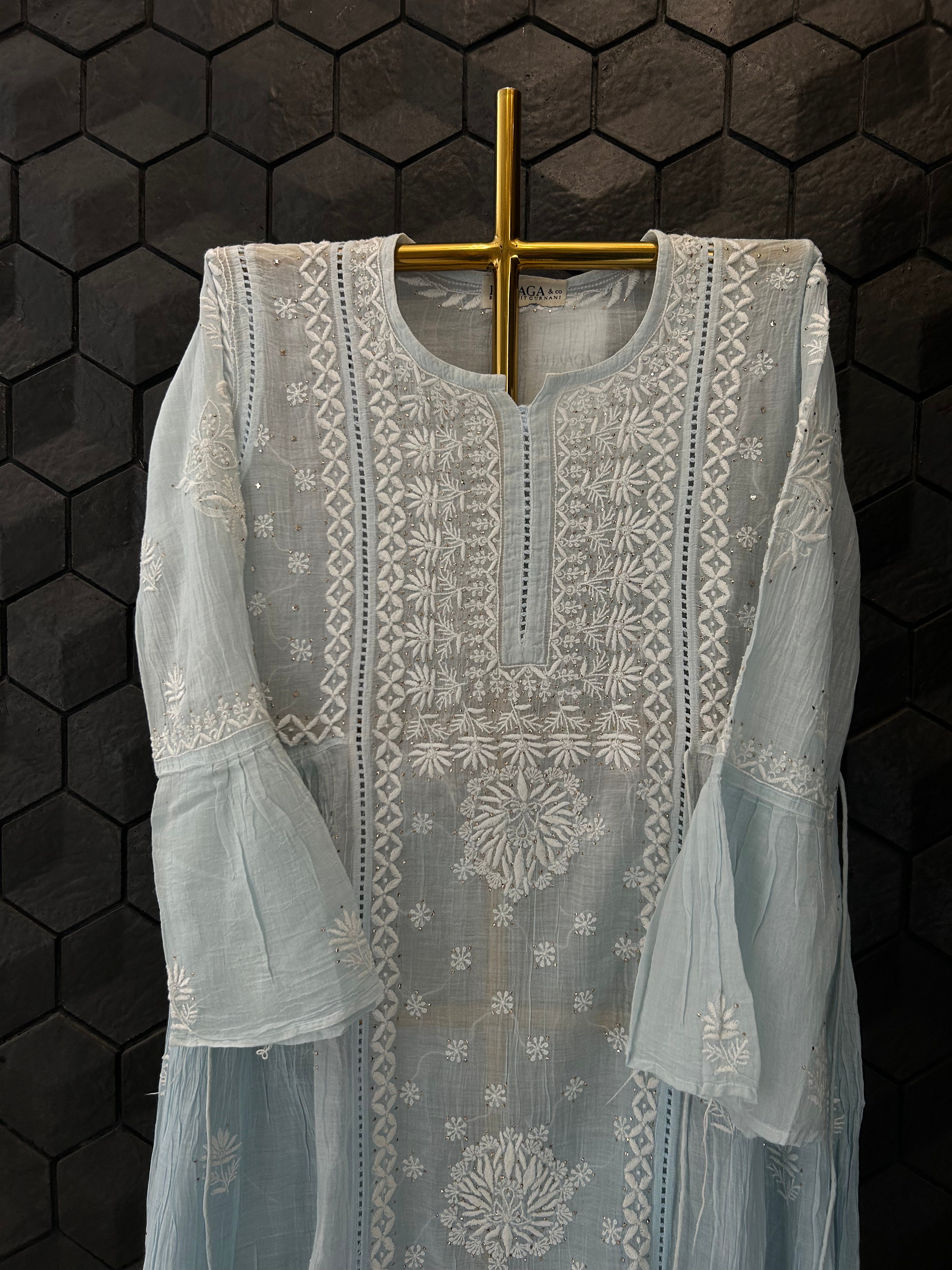 Sky Blue Mul Chanderi Chikankari And Mukaish Dress