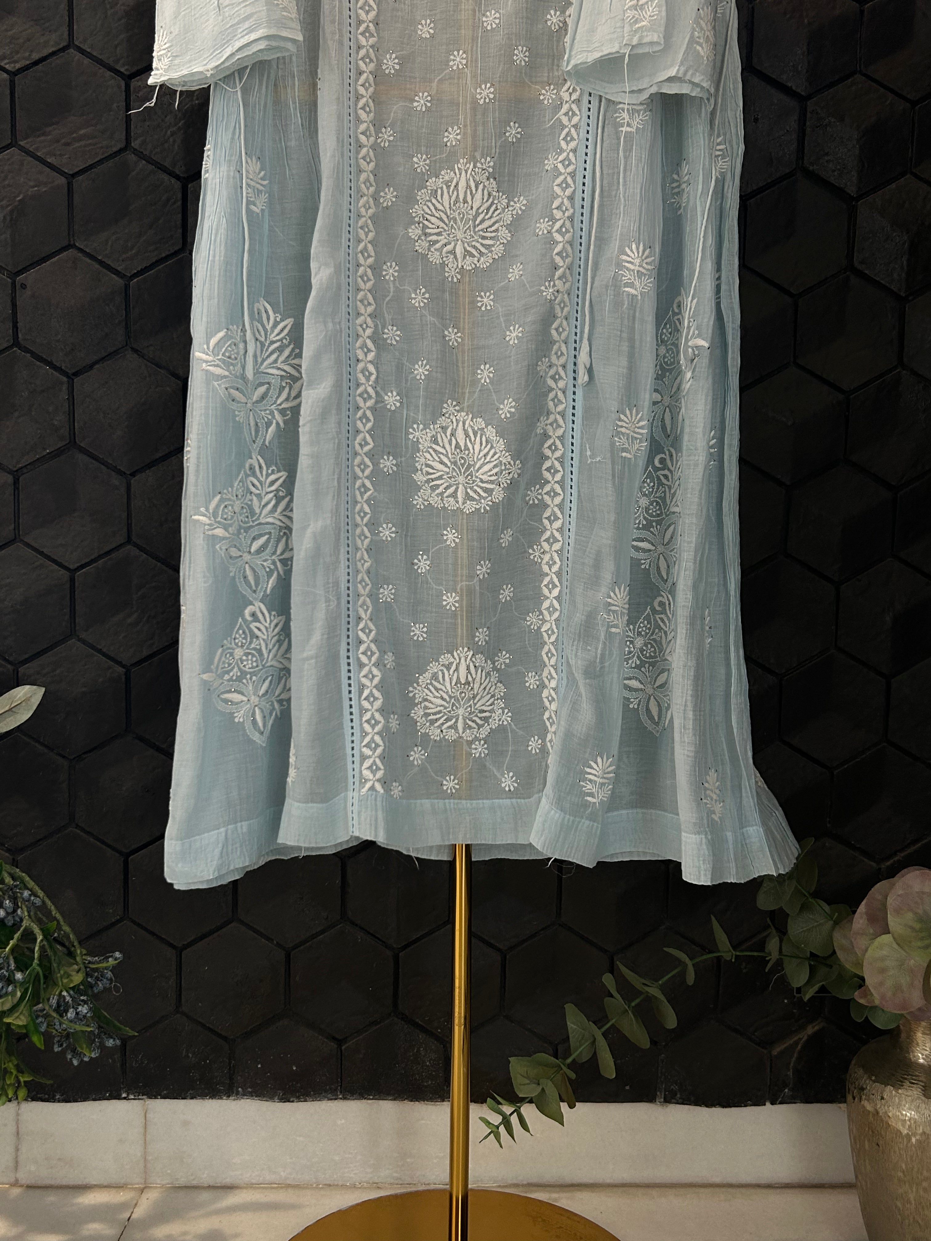 Sky Blue Mul Chanderi Chikankari And Mukaish Dress