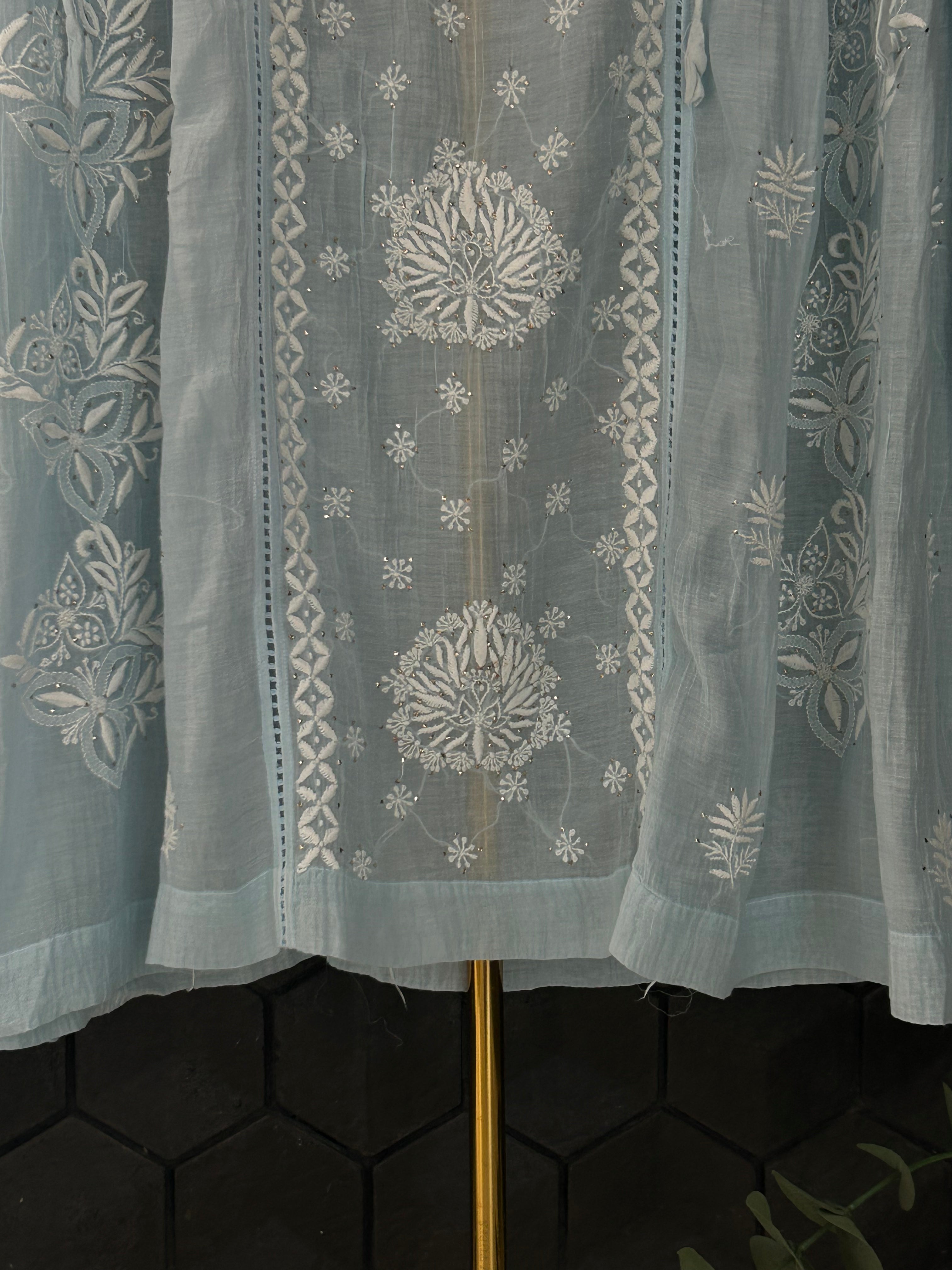 Sky Blue Mul Chanderi Chikankari And Mukaish Dress