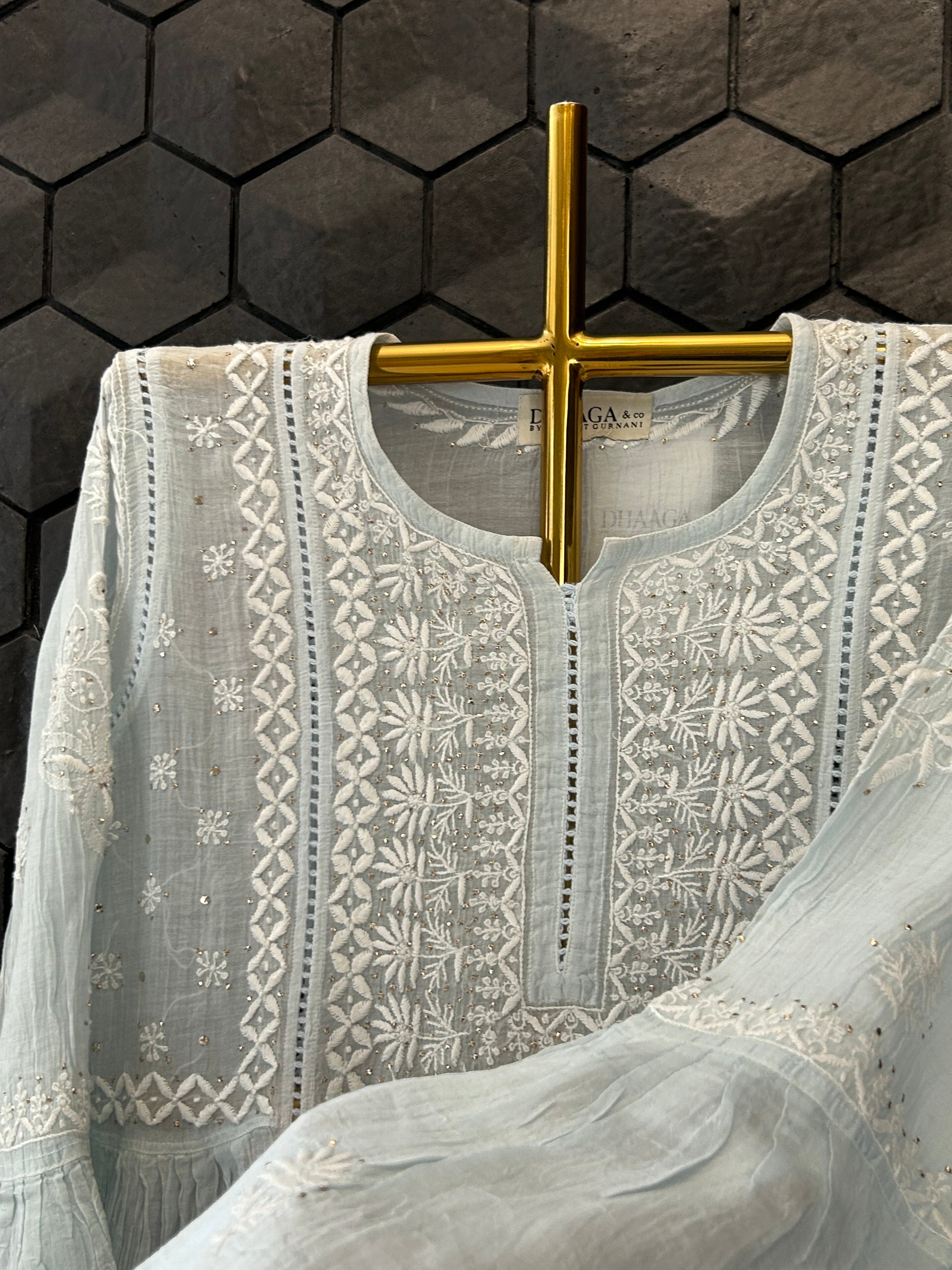 Sky Blue Mul Chanderi Chikankari And Mukaish Dress