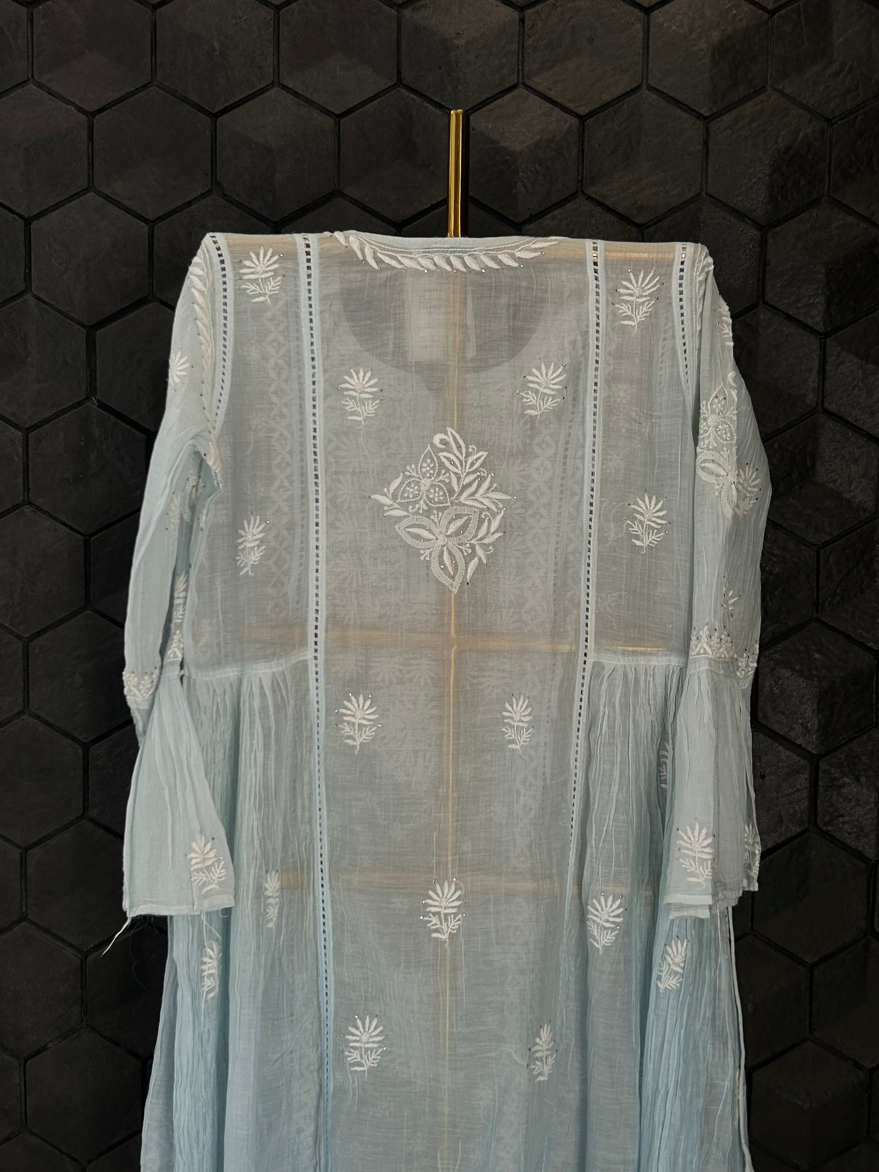Sky Blue Mul Chanderi Chikankari And Mukaish Dress