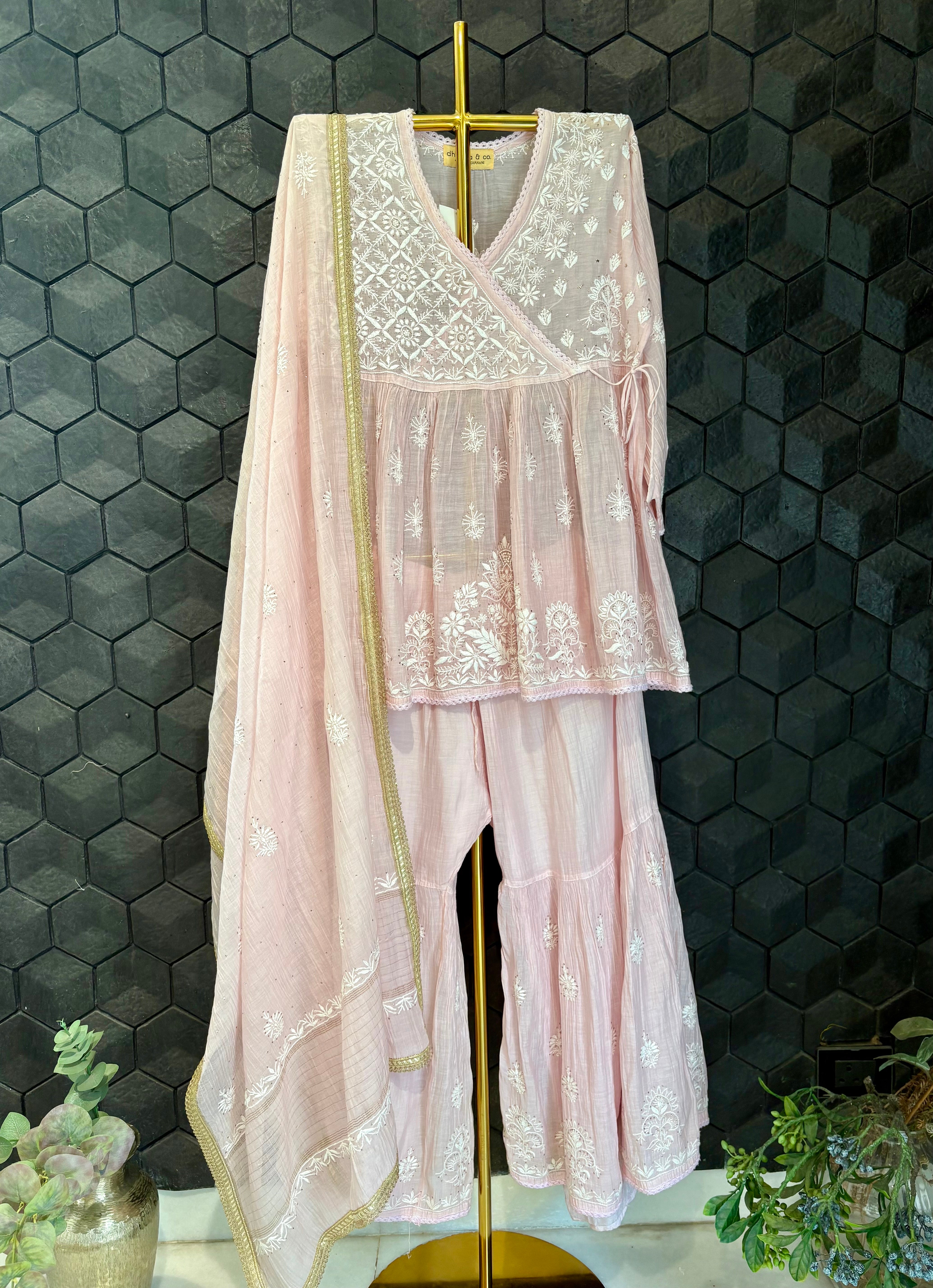 Pink Mul Chanderi Chikankari Garara Set