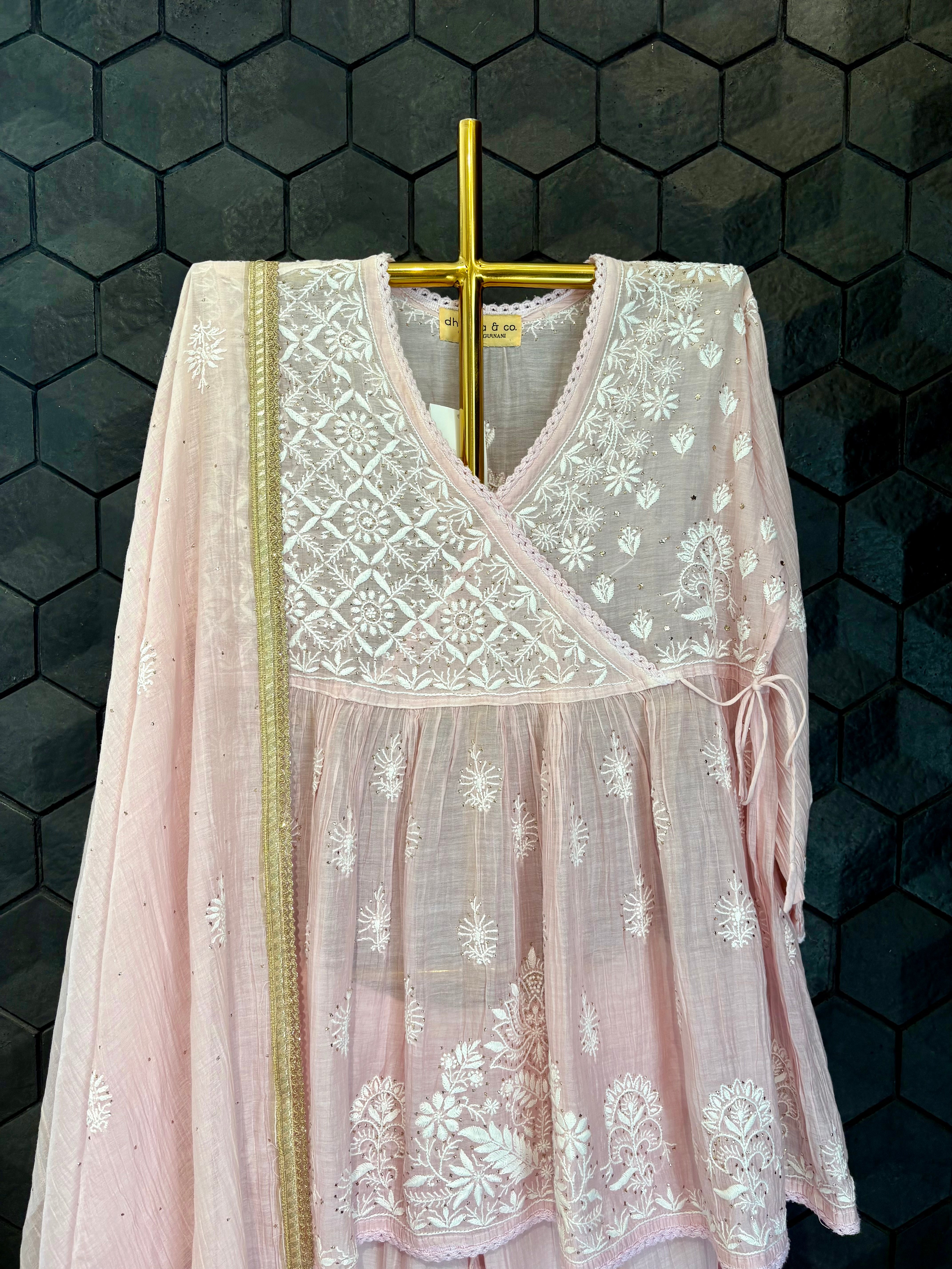 Pink Mul Chanderi Chikankari Garara Set