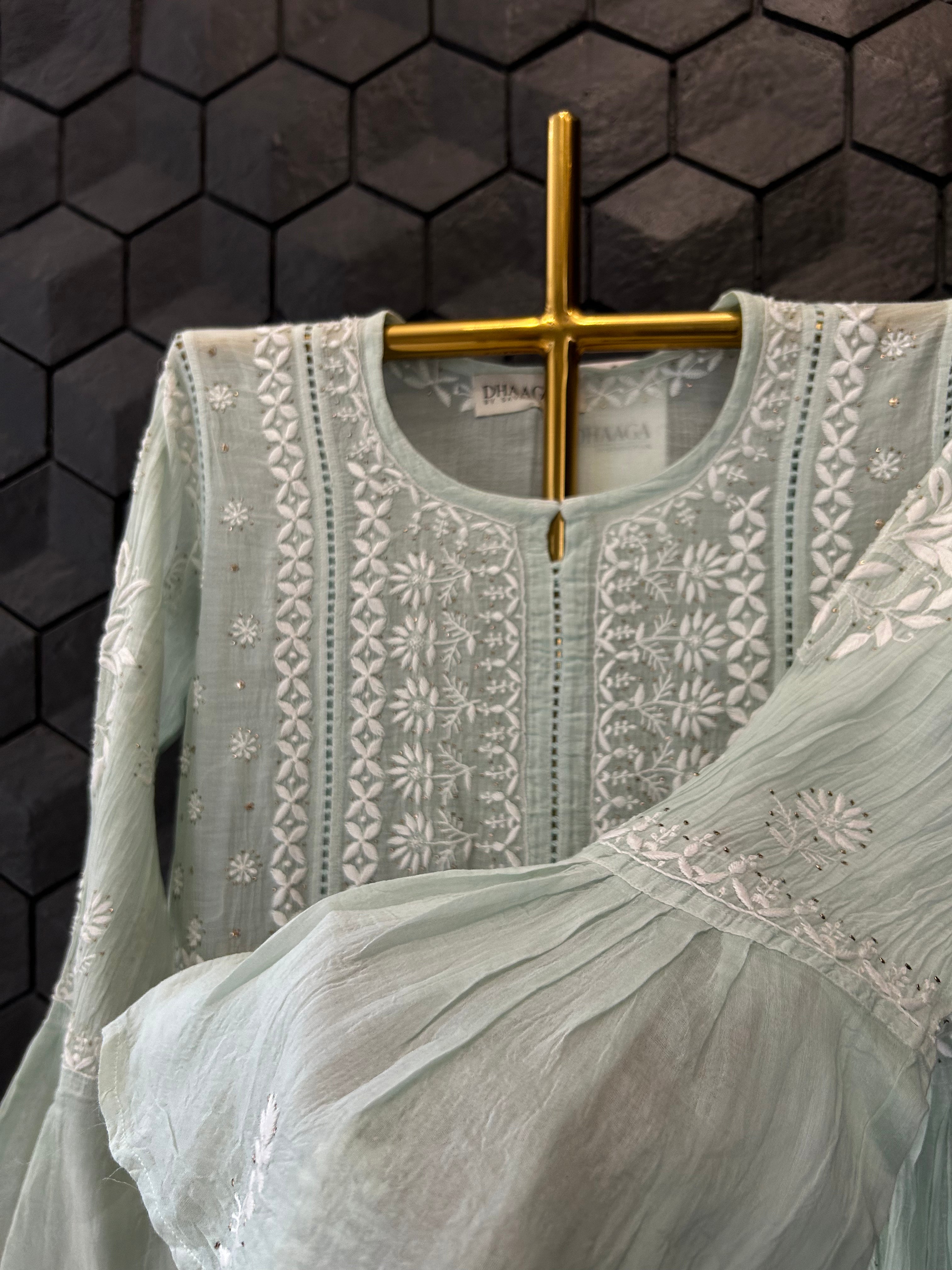 Sea Green Mul Chanderi Chikankari And Mukaish Dress