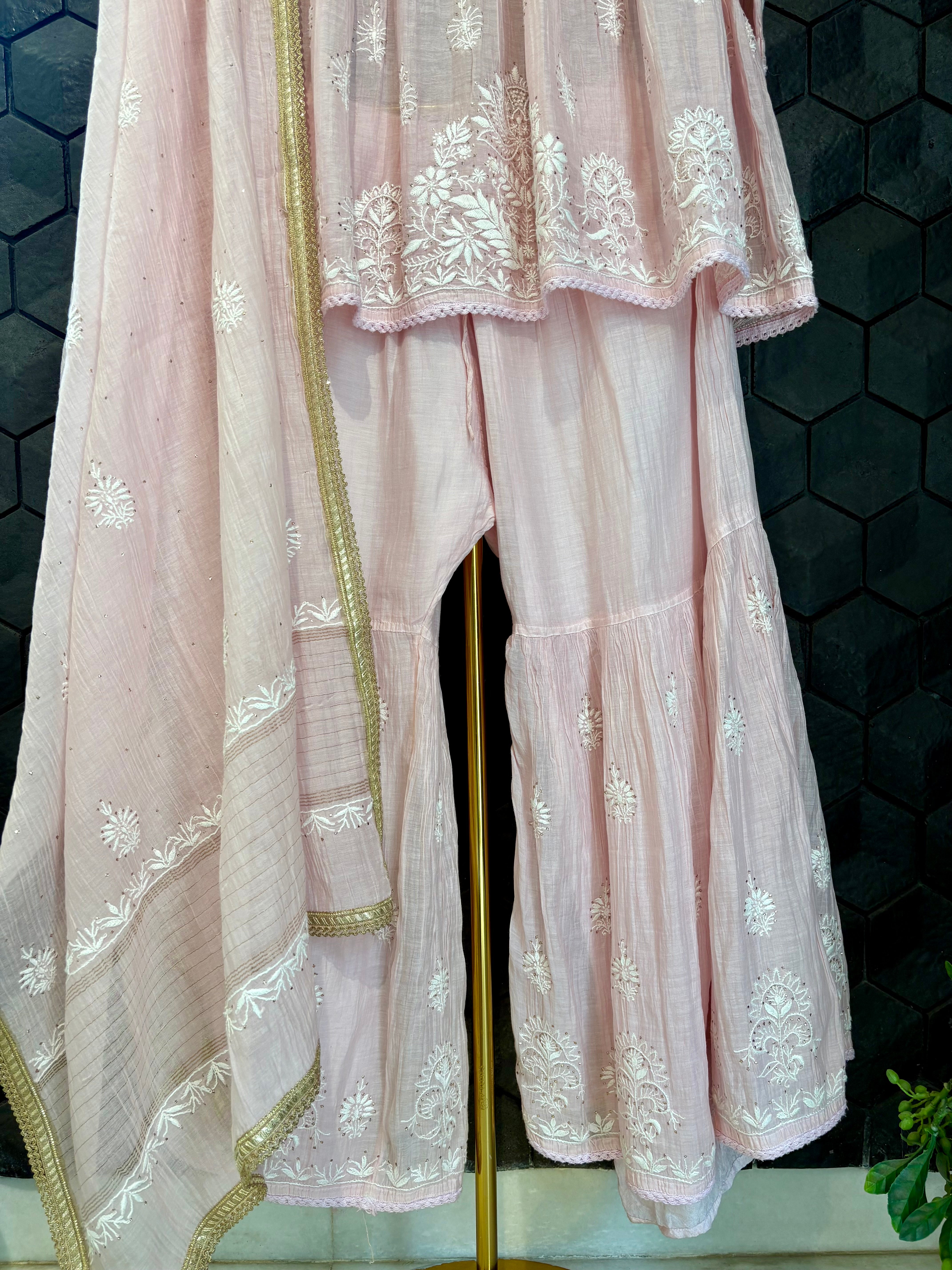 Pink Mul Chanderi Chikankari Garara Set