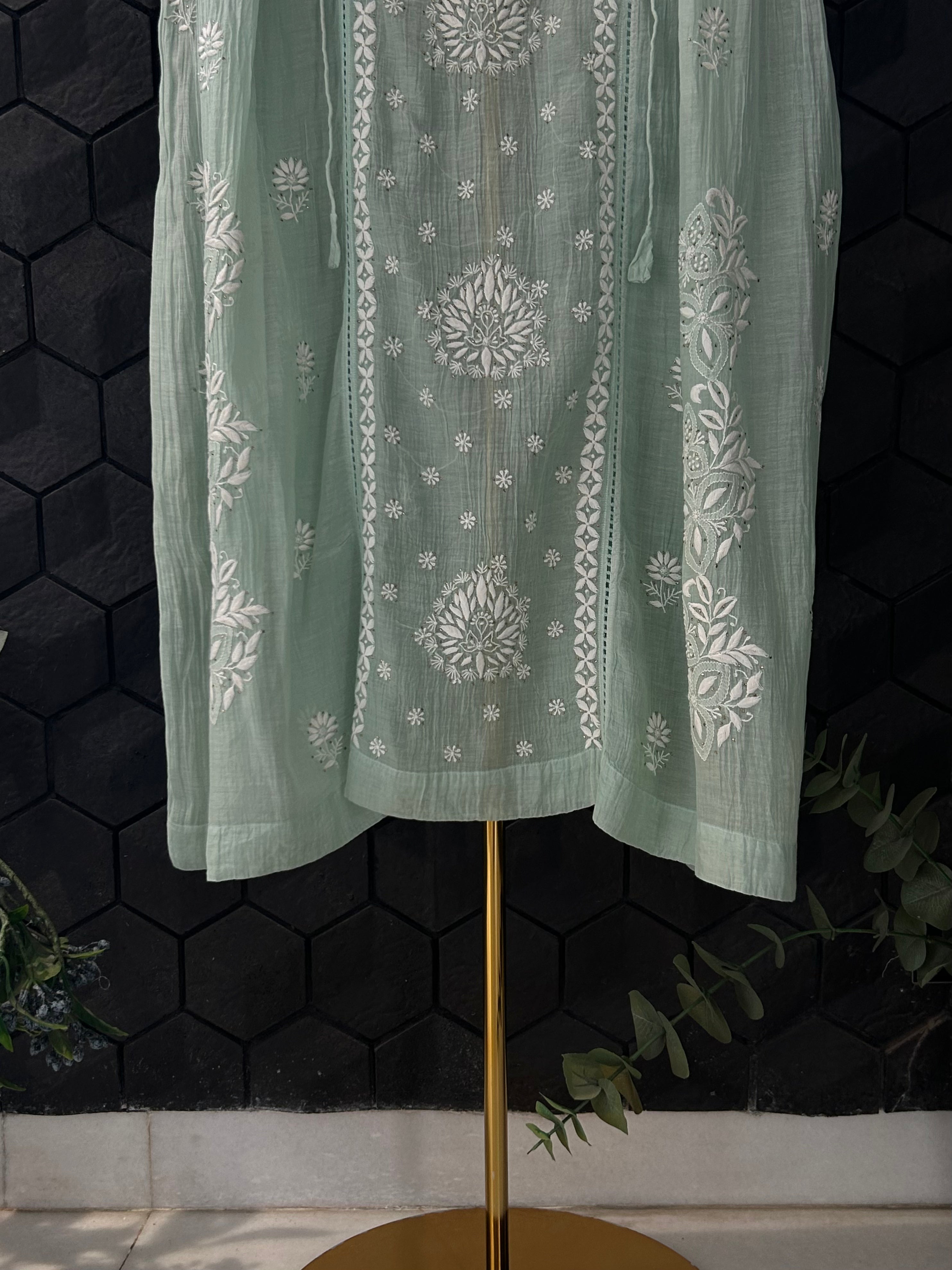 Sea Green Mul Chanderi Chikankari And Mukaish Dress