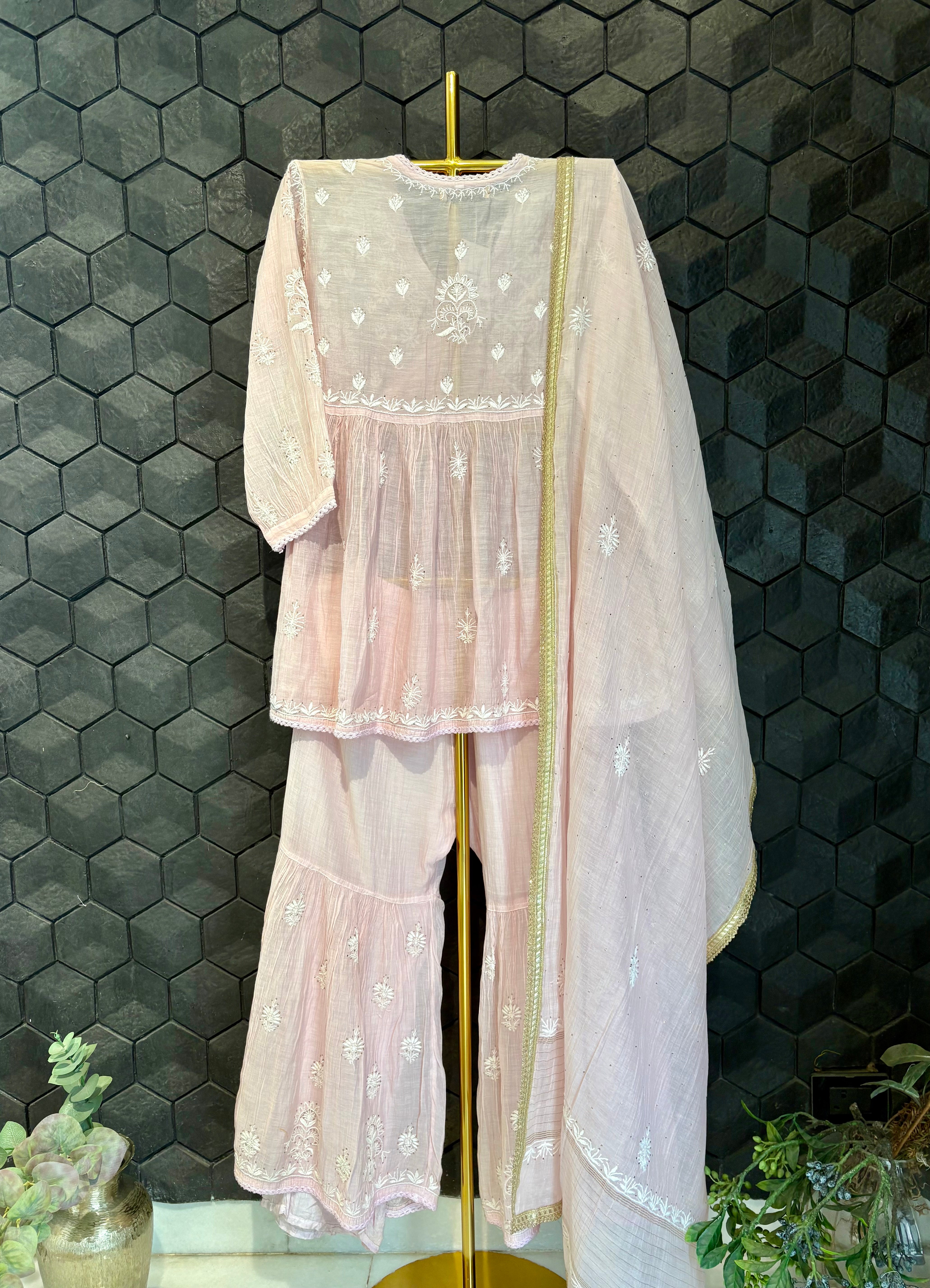 Pink Mul Chanderi Chikankari Garara Set