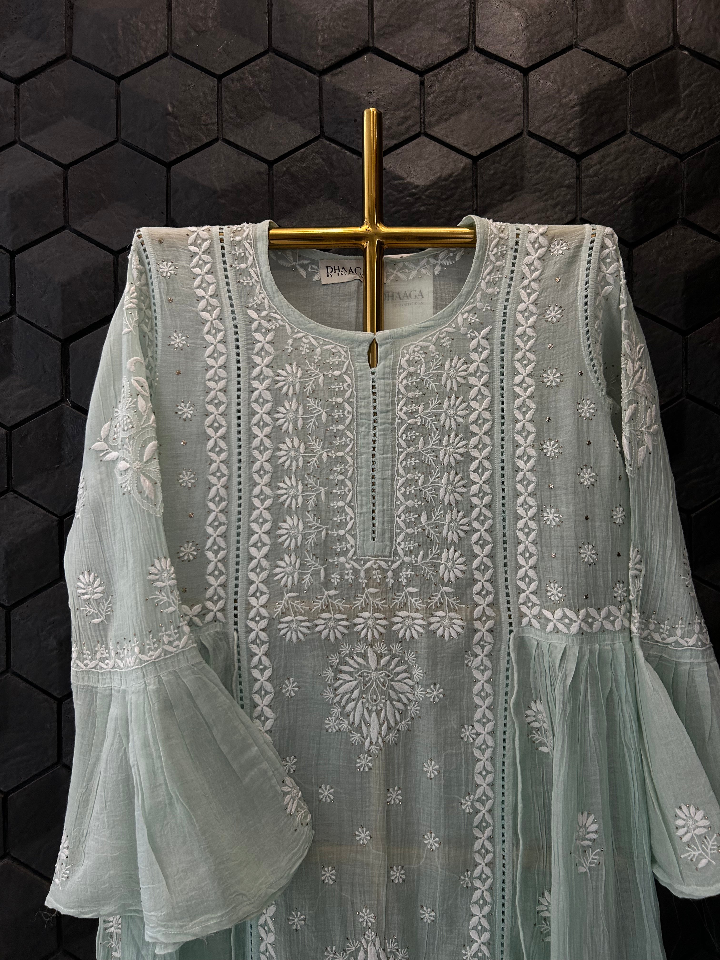 Sea Green Mul Chanderi Chikankari And Mukaish Dress