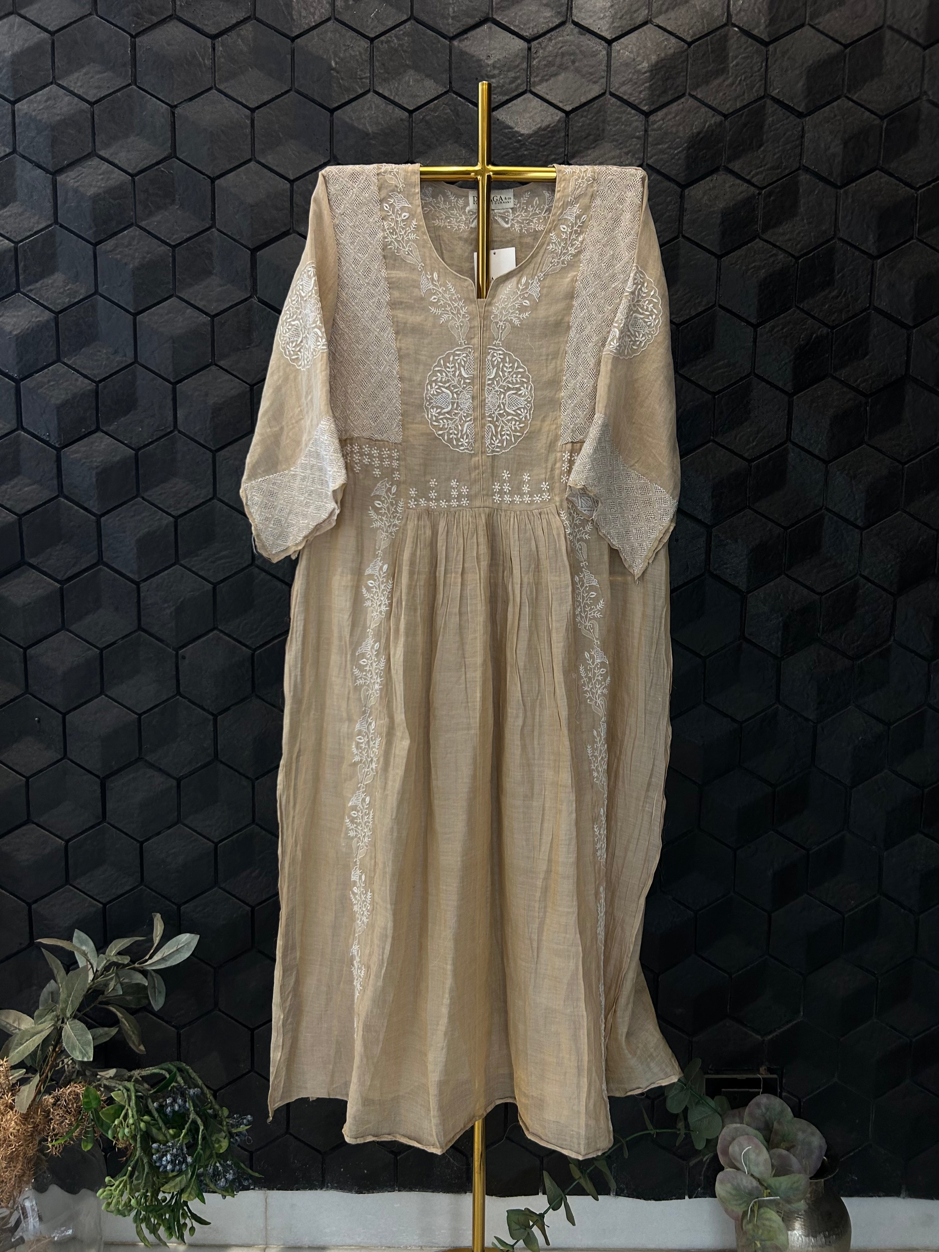 Natural Gold Tissue Chikankari Tunic  Dress