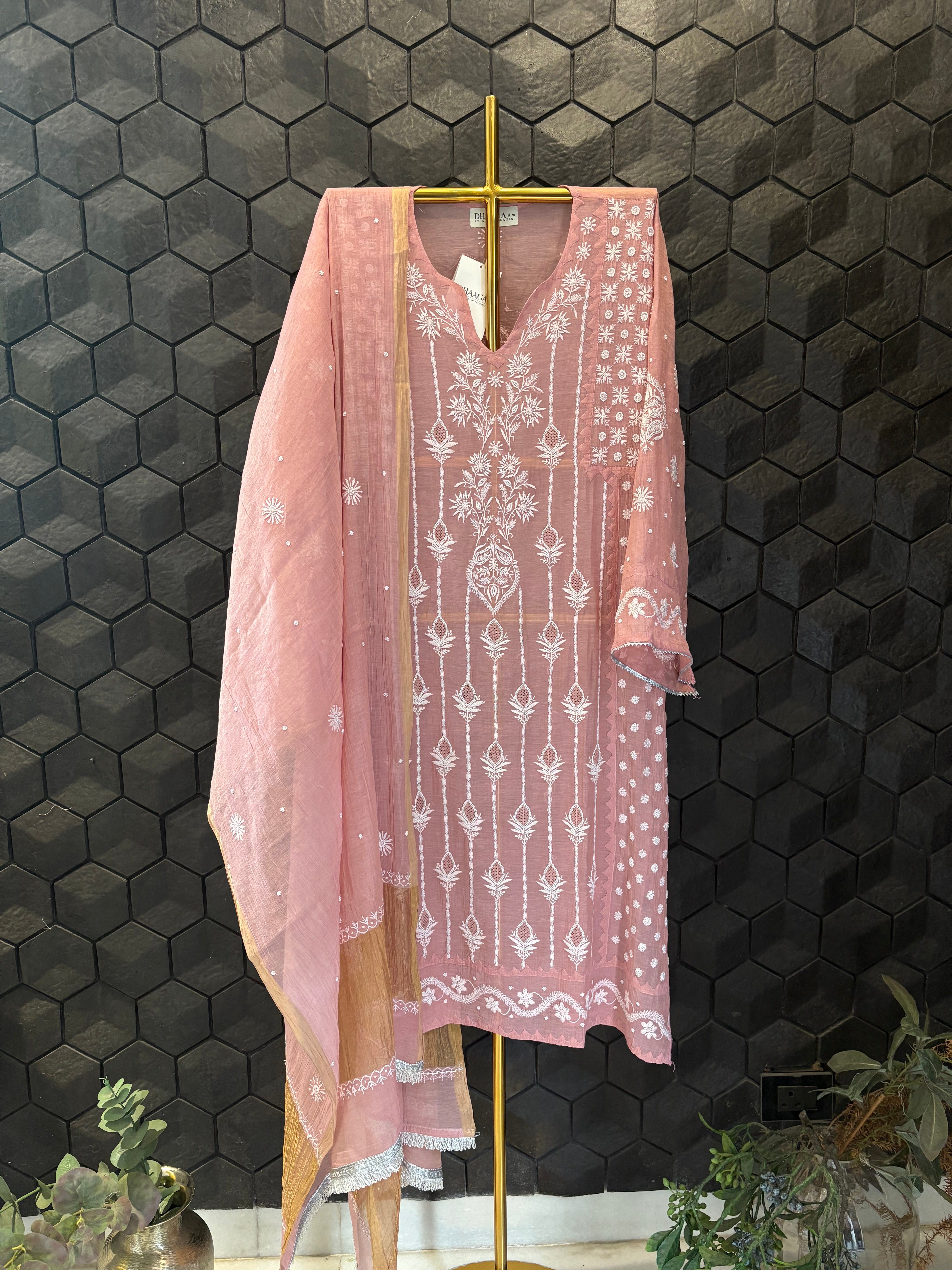 Pink Tissue Chikankari Kurta Set