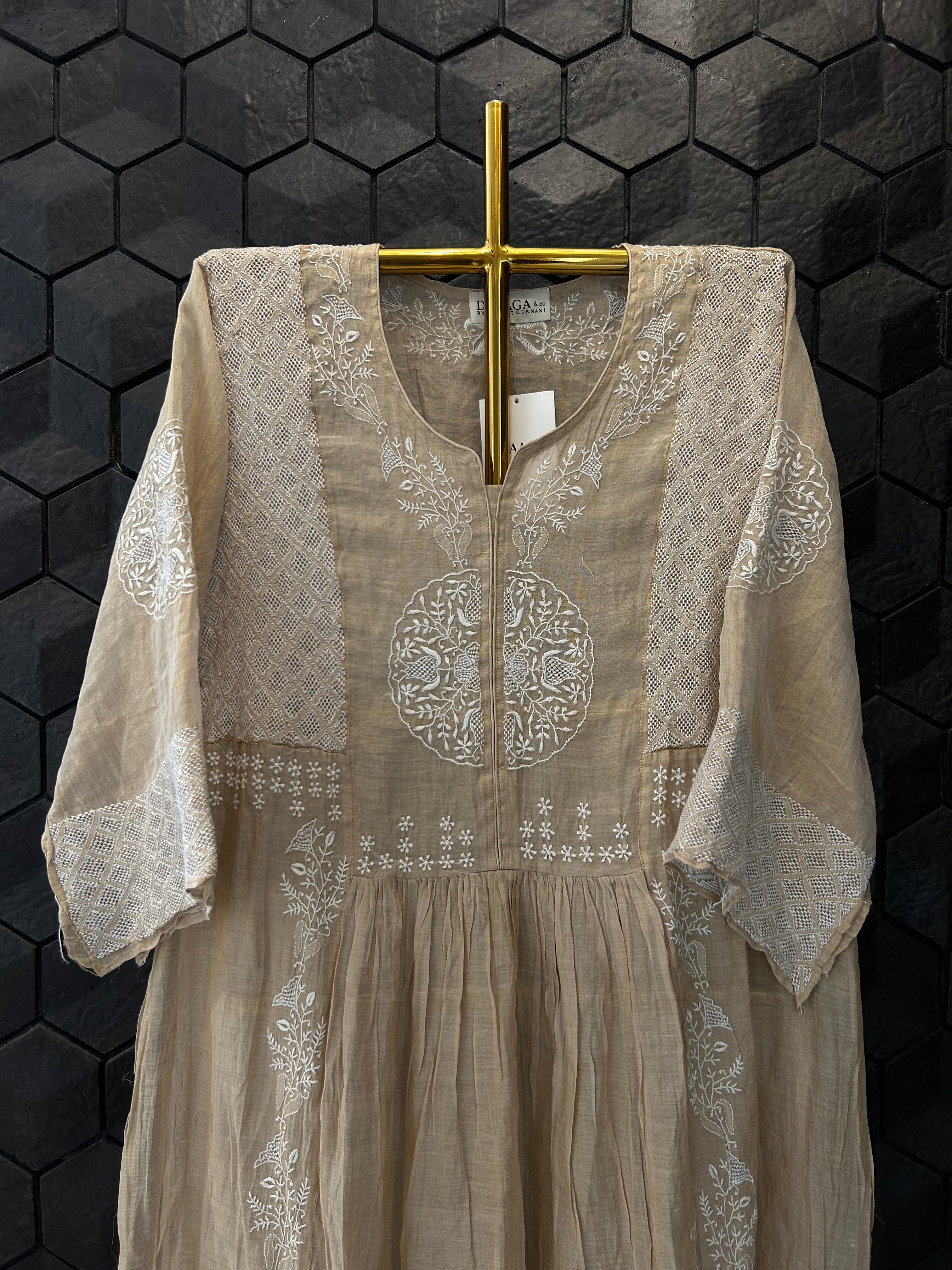 Natural Gold Tissue Chikankari Tunic  Dress