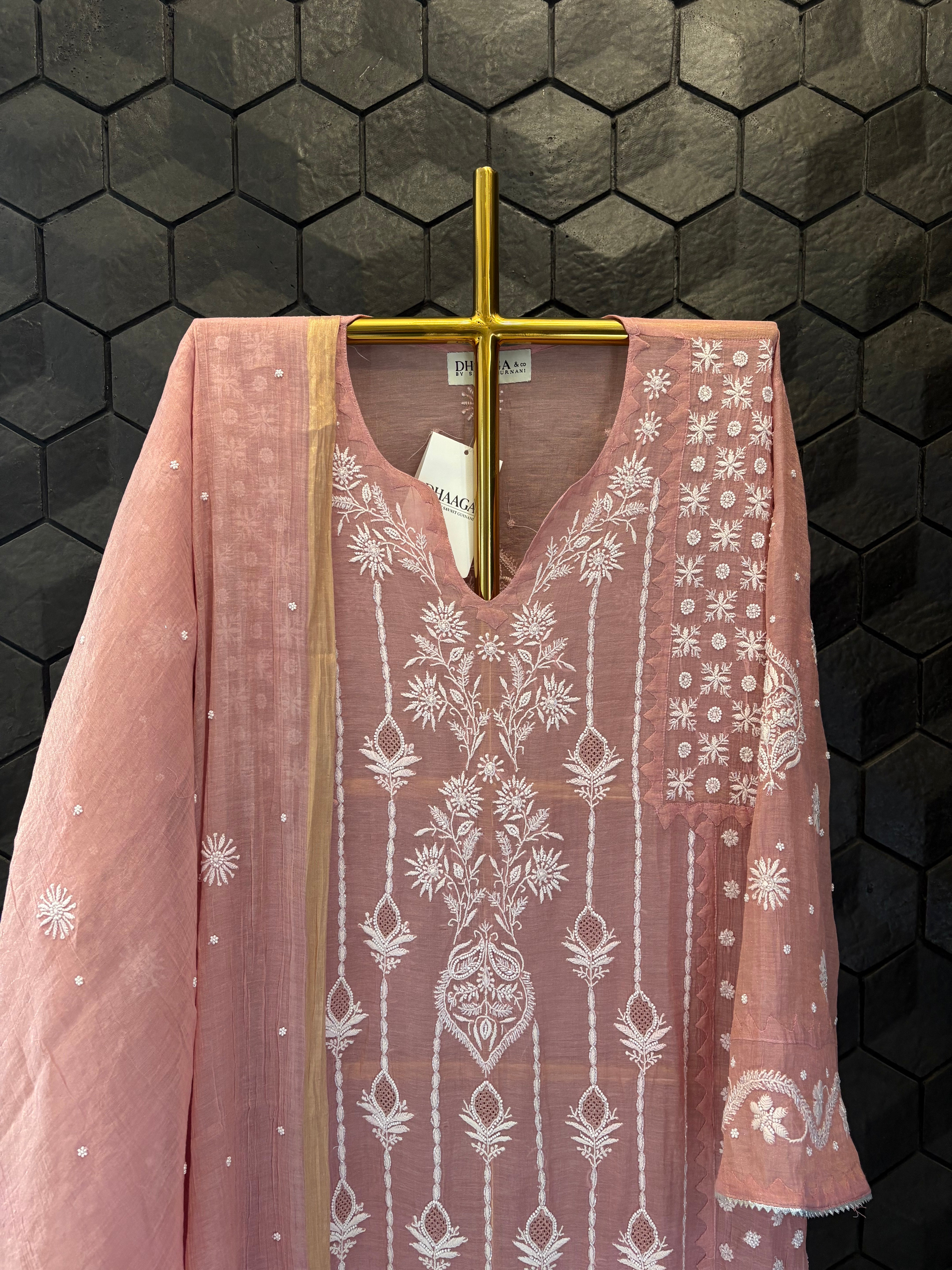Pink Tissue Chikankari Kurta Set