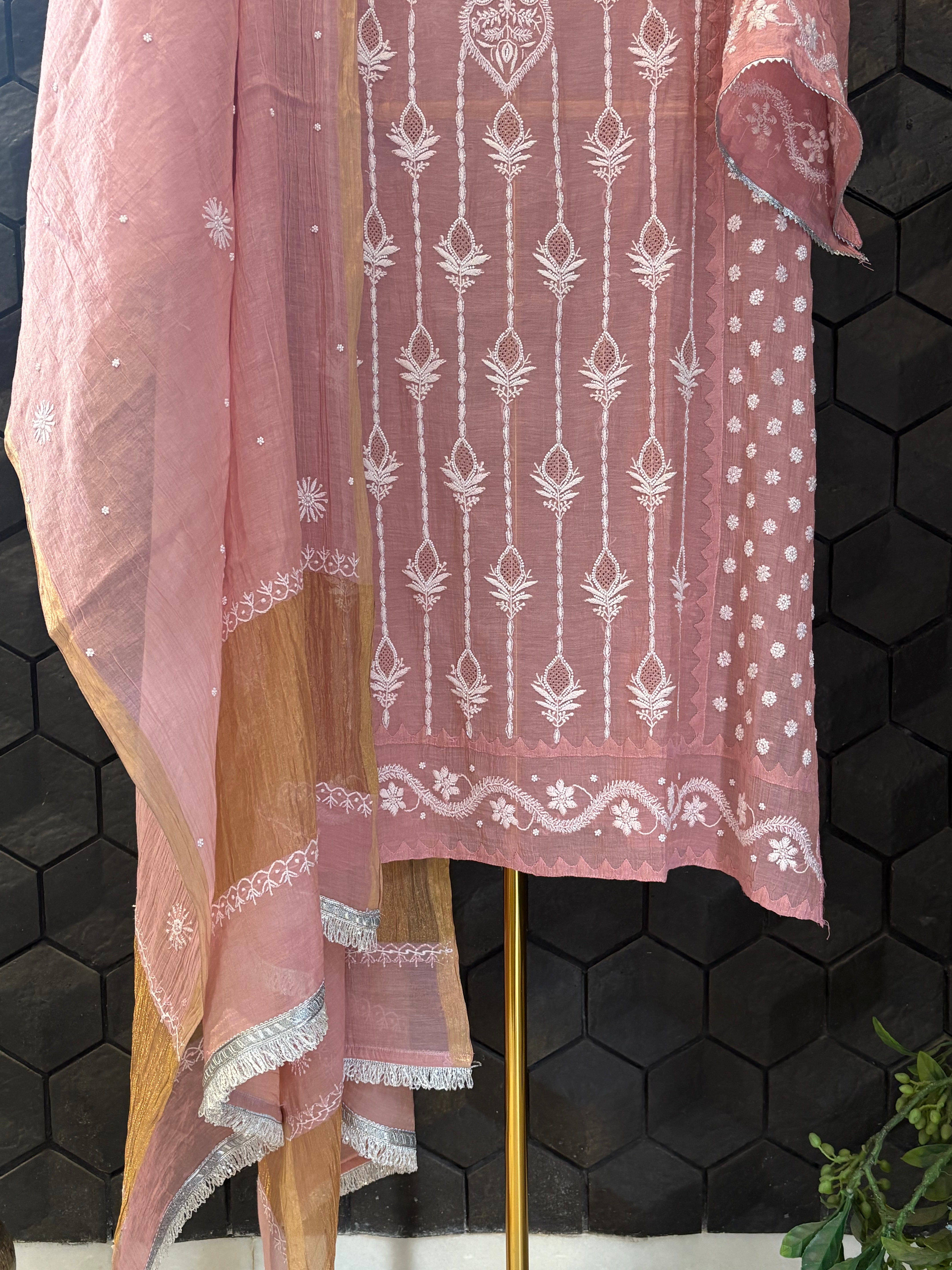 Pink Tissue Chikankari Kurta Set