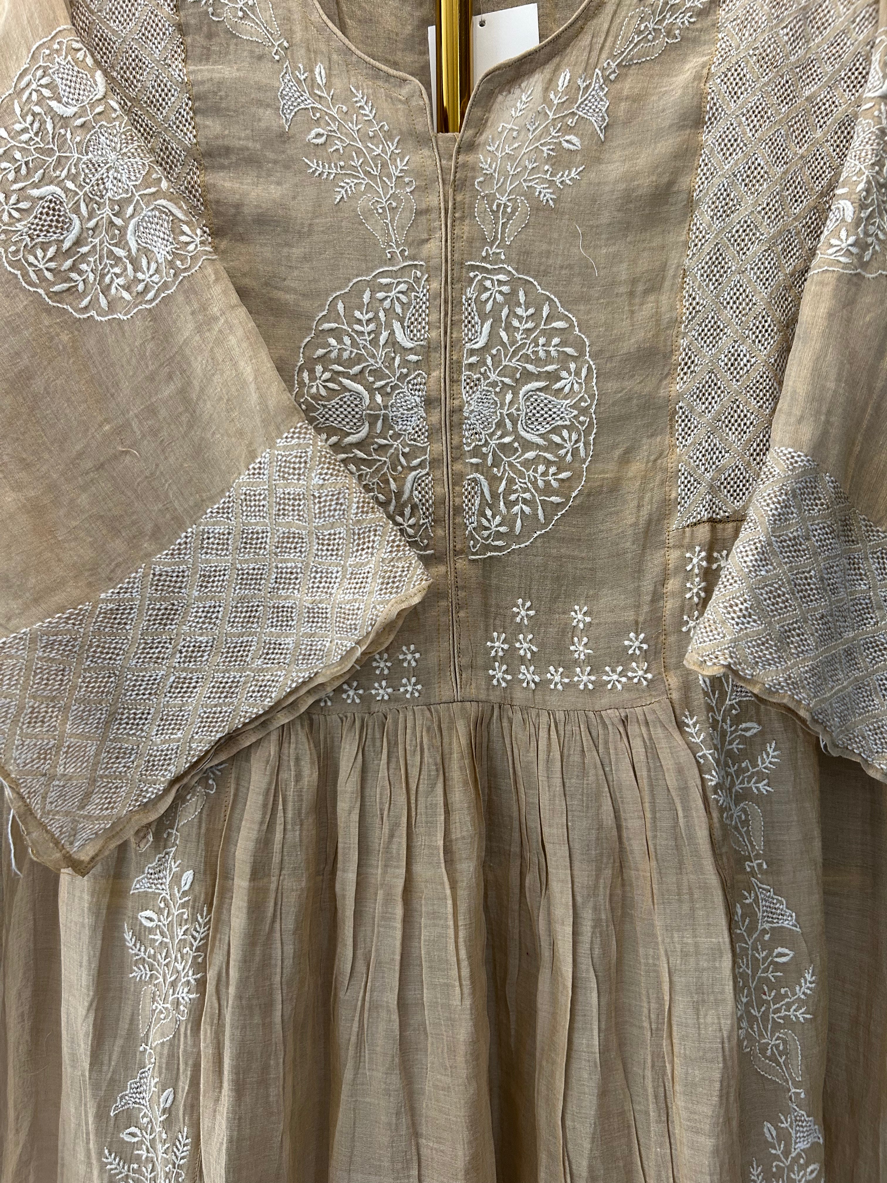 Natural Gold Tissue Chikankari Tunic Dress