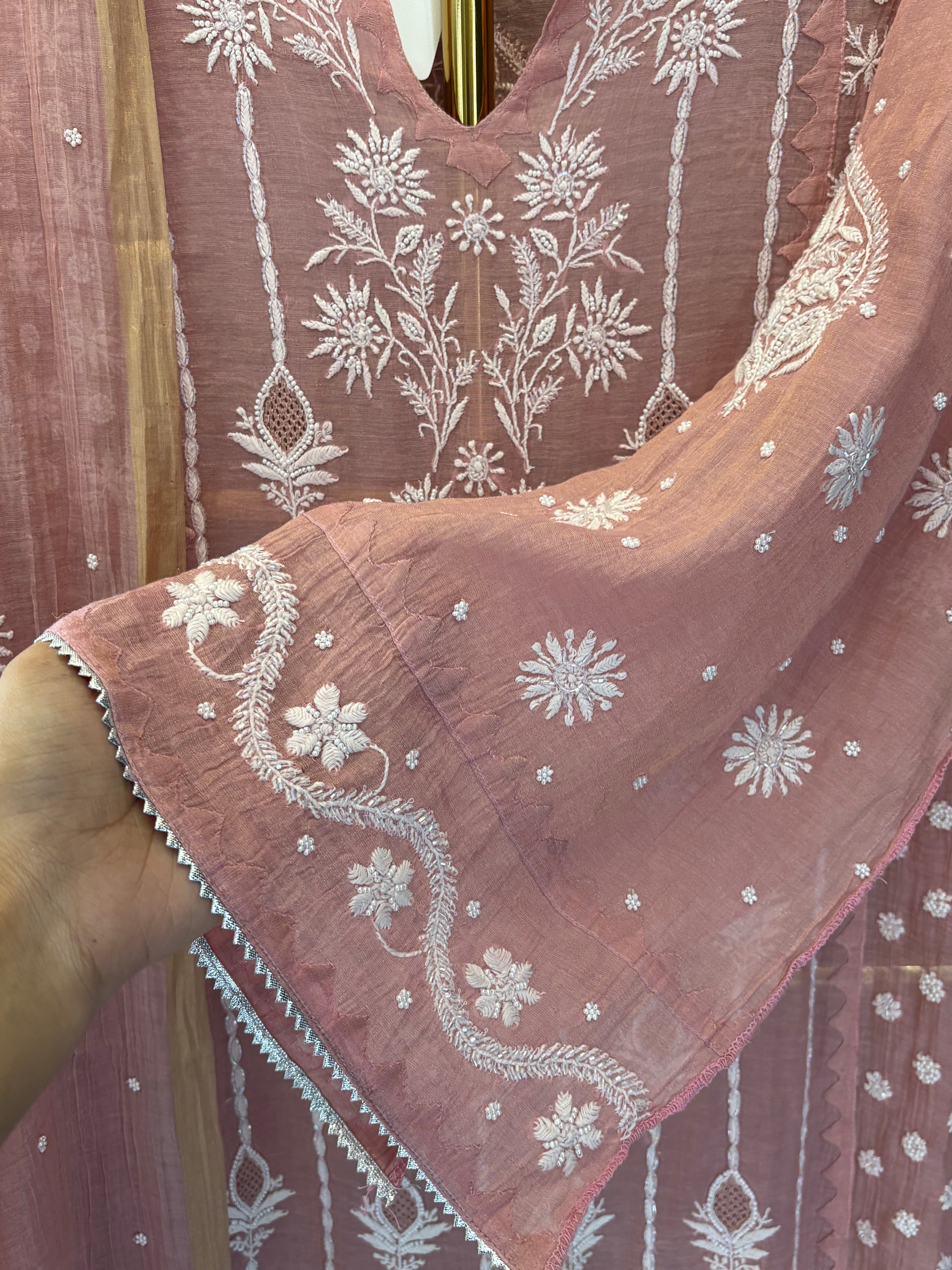 Pink Tissue Chikankari Kurta Set