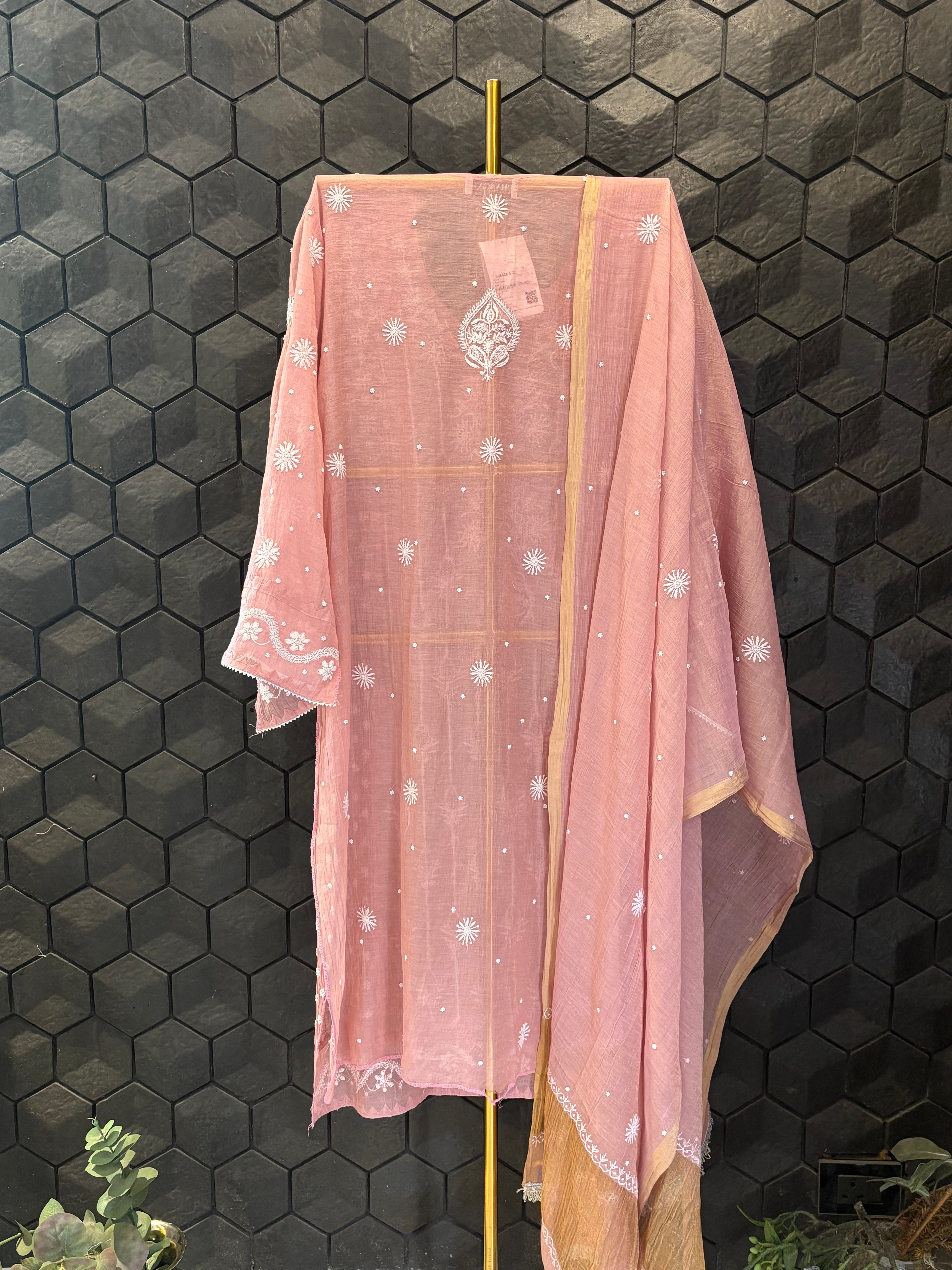 Pink Tissue Chikankari Kurta Set