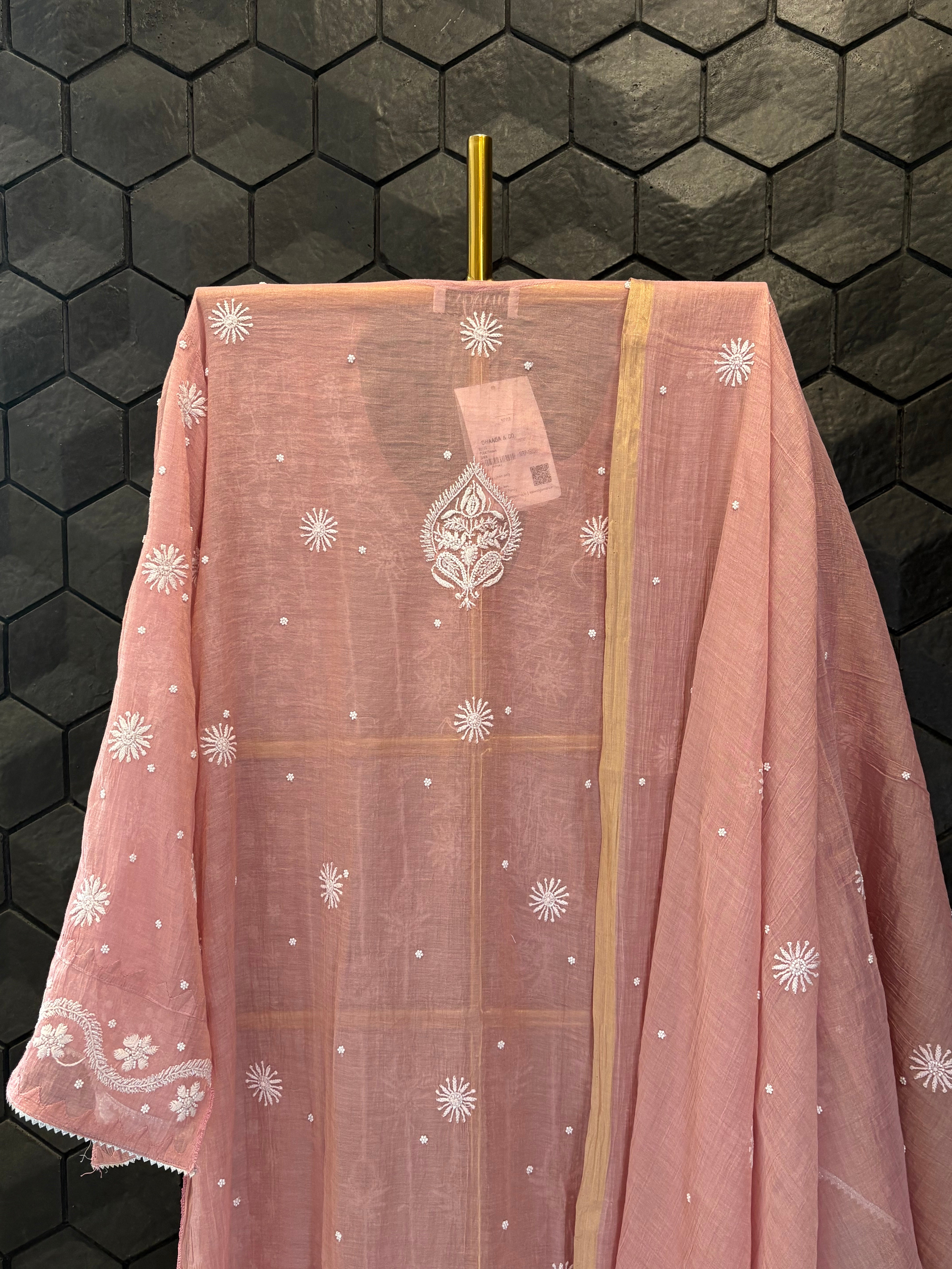 Pink Tissue Chikankari Kurta Set