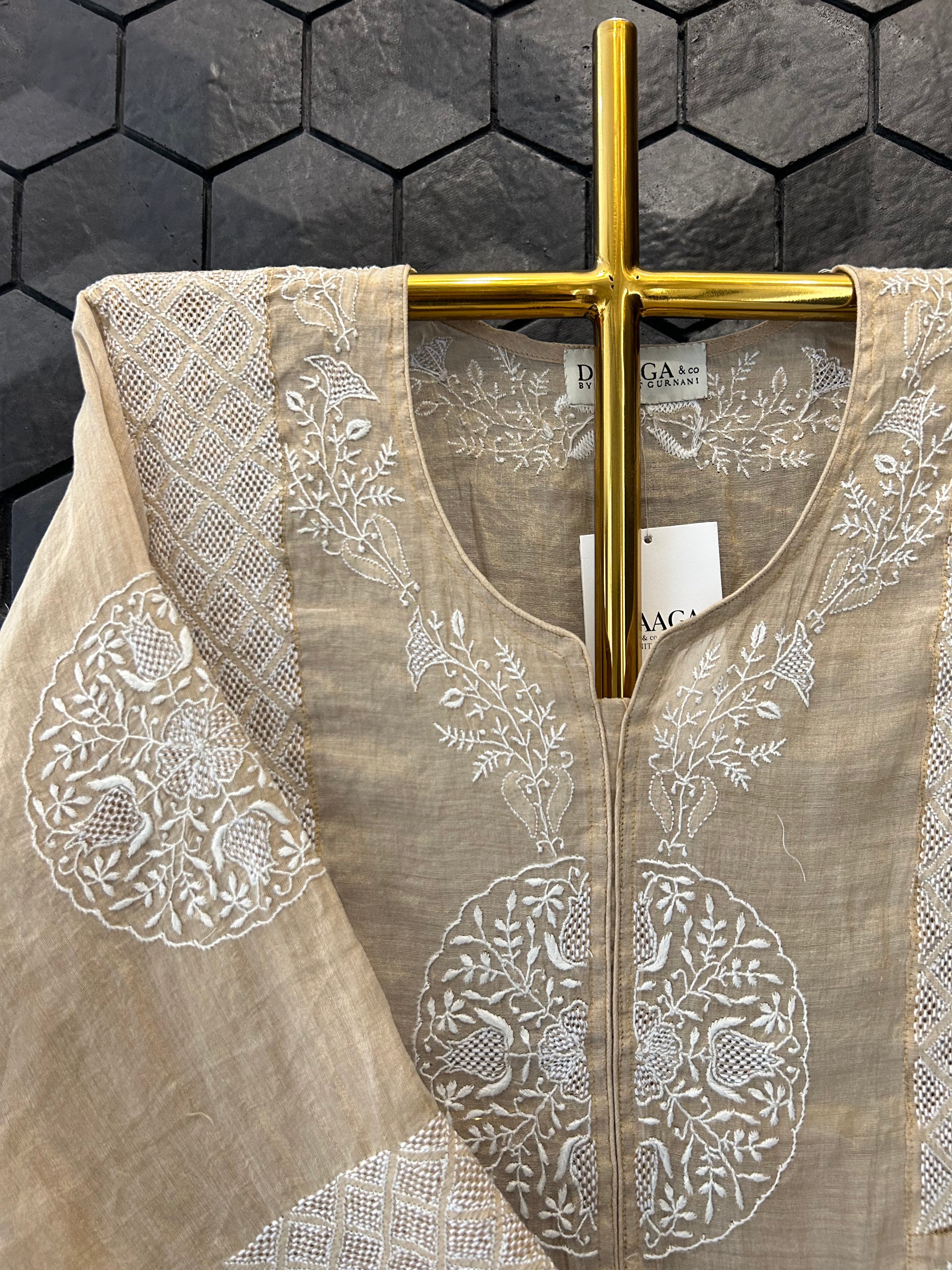 Natural Gold Tissue Chikankari Tunic Dress