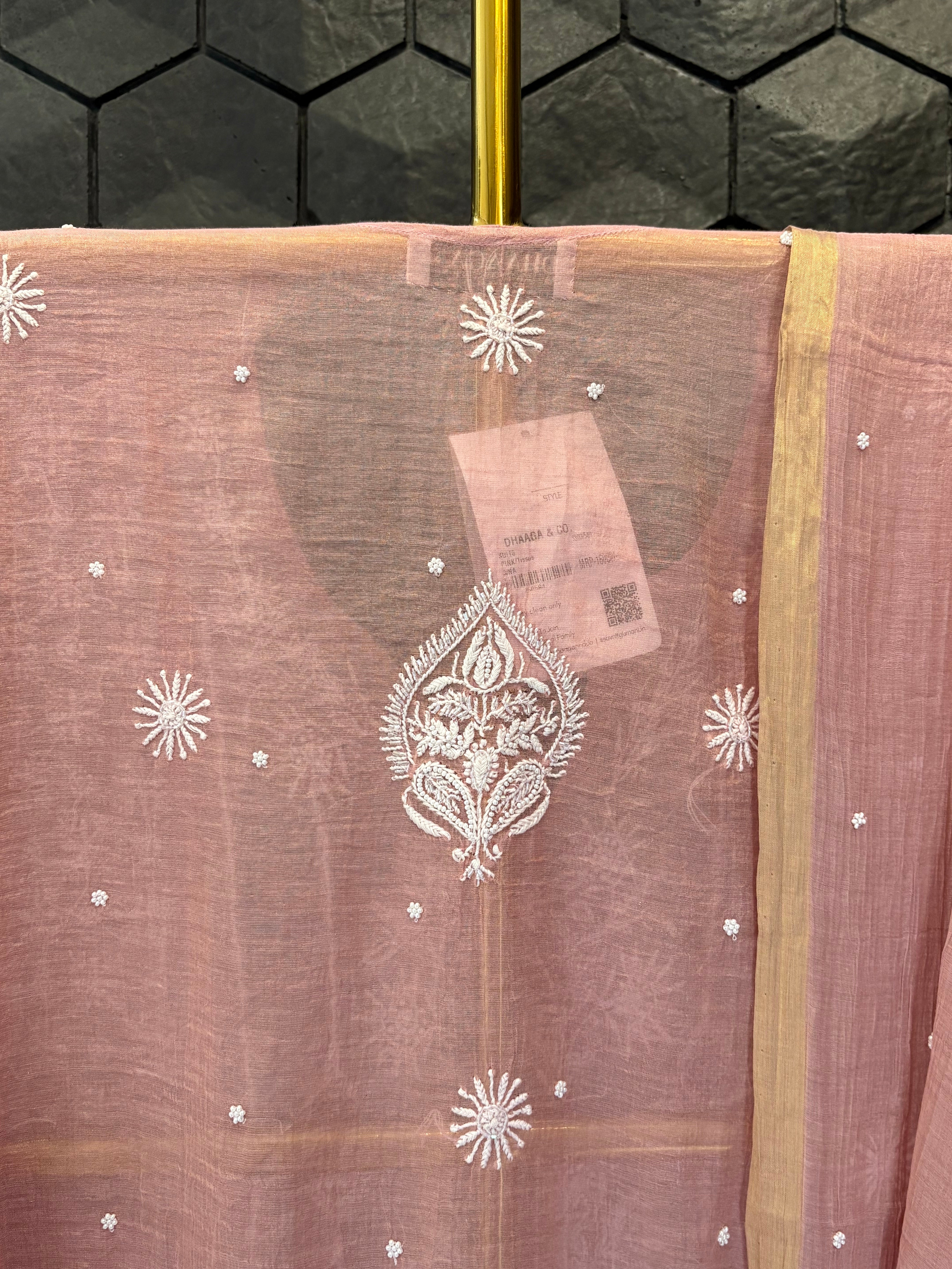 Pink Tissue Chikankari Kurta Set