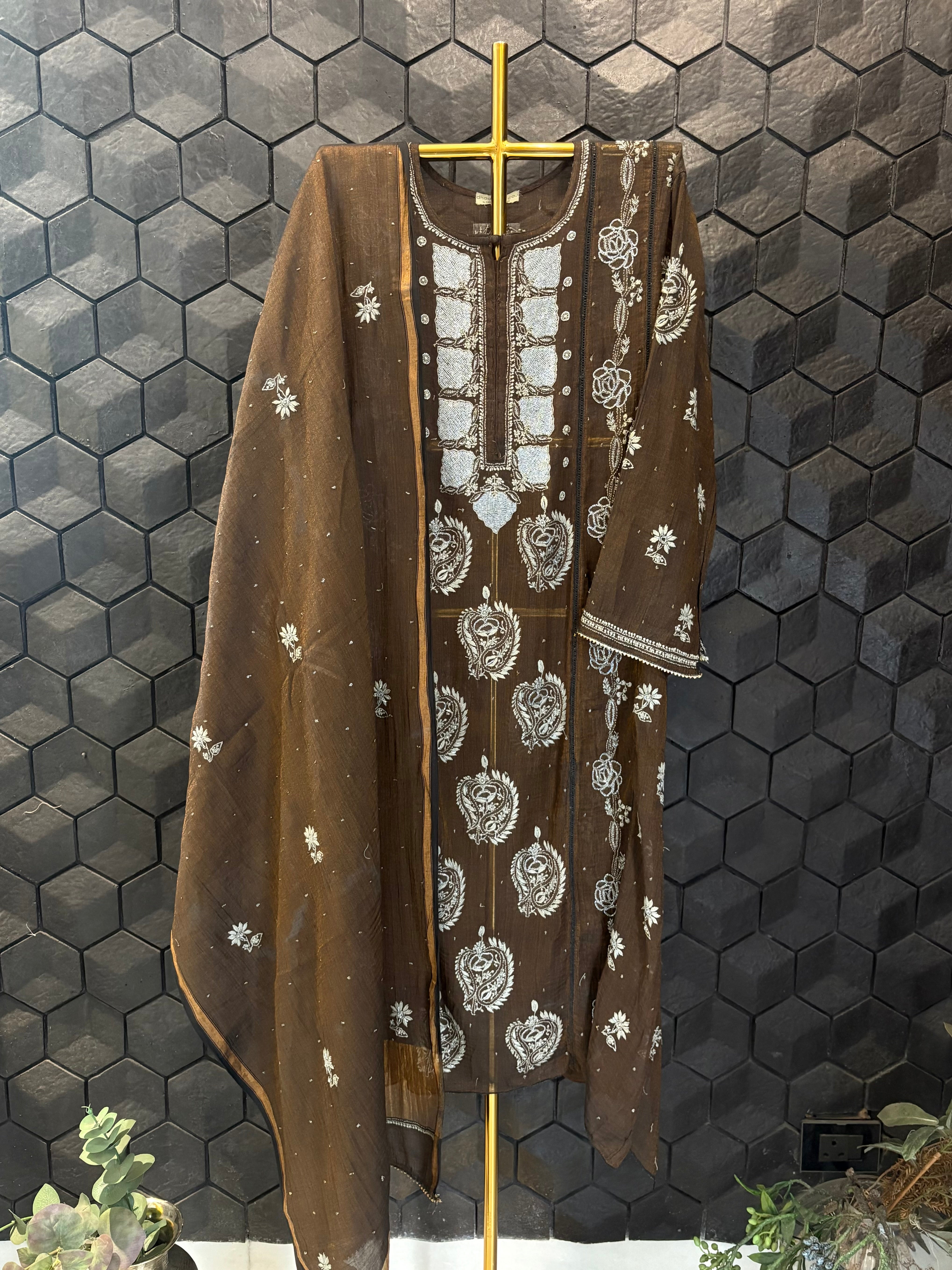 Brown Tissue Chikankari Anarkali Set