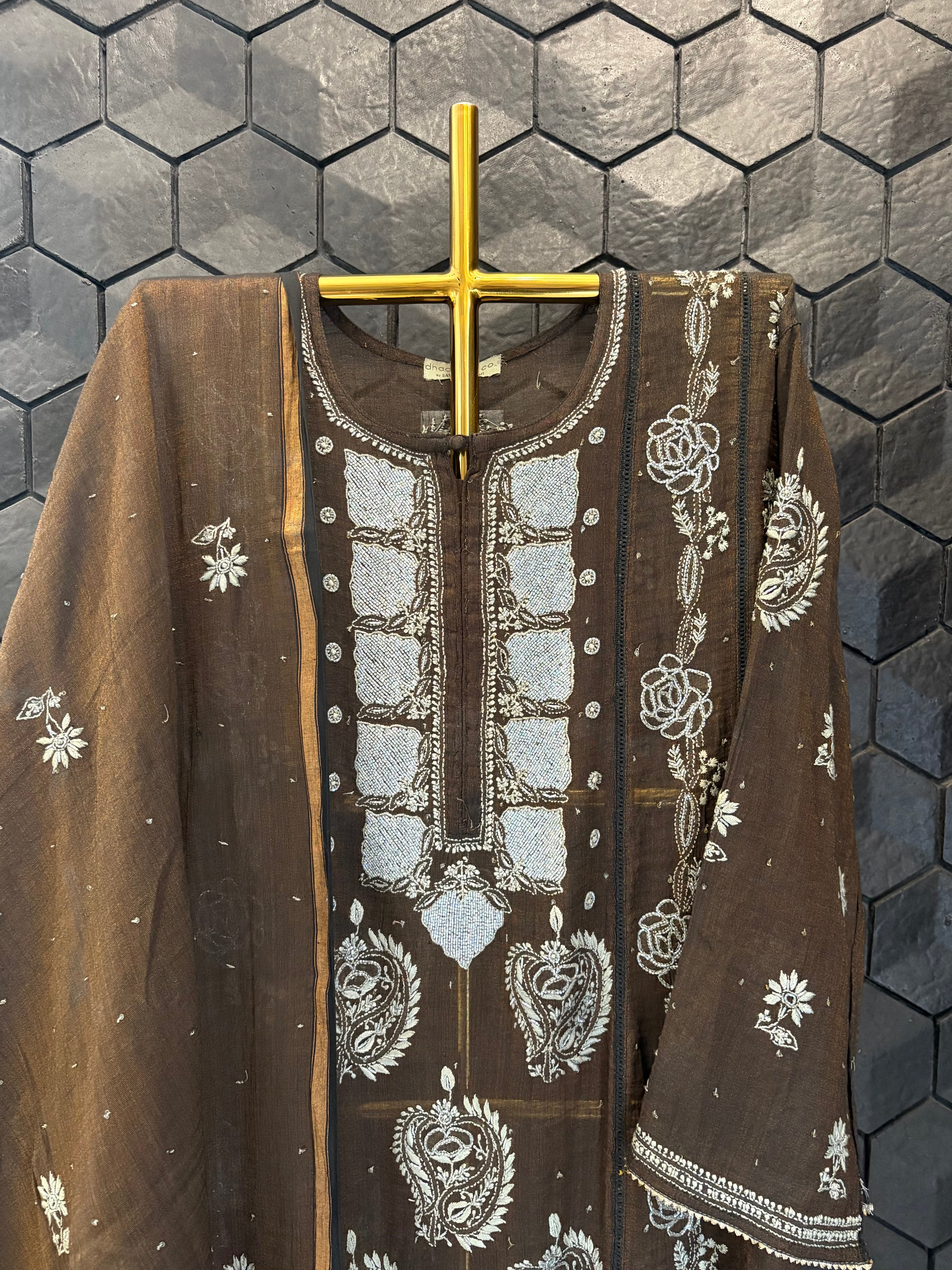 Brown Tissue Chikankari Anarkali Set