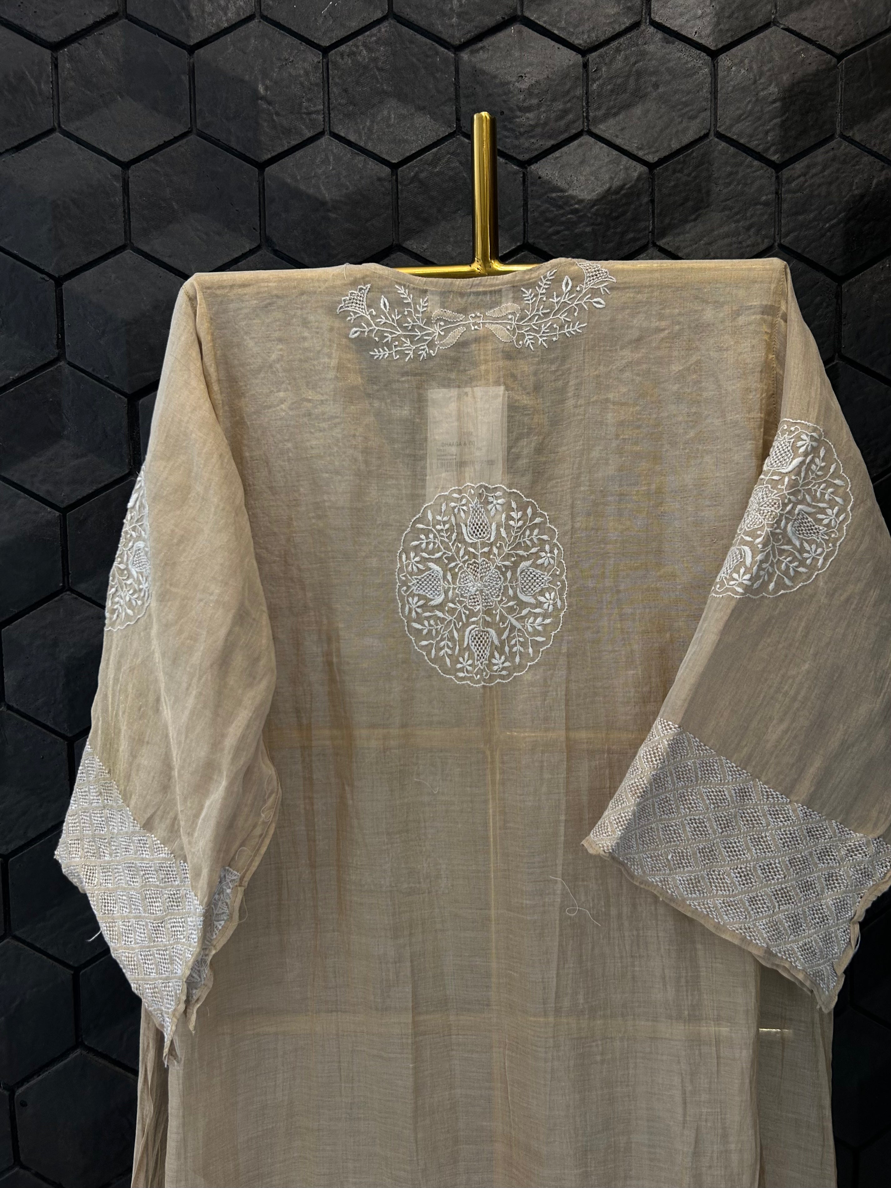 Natural Gold Tissue Chikankari Tunic Dress
