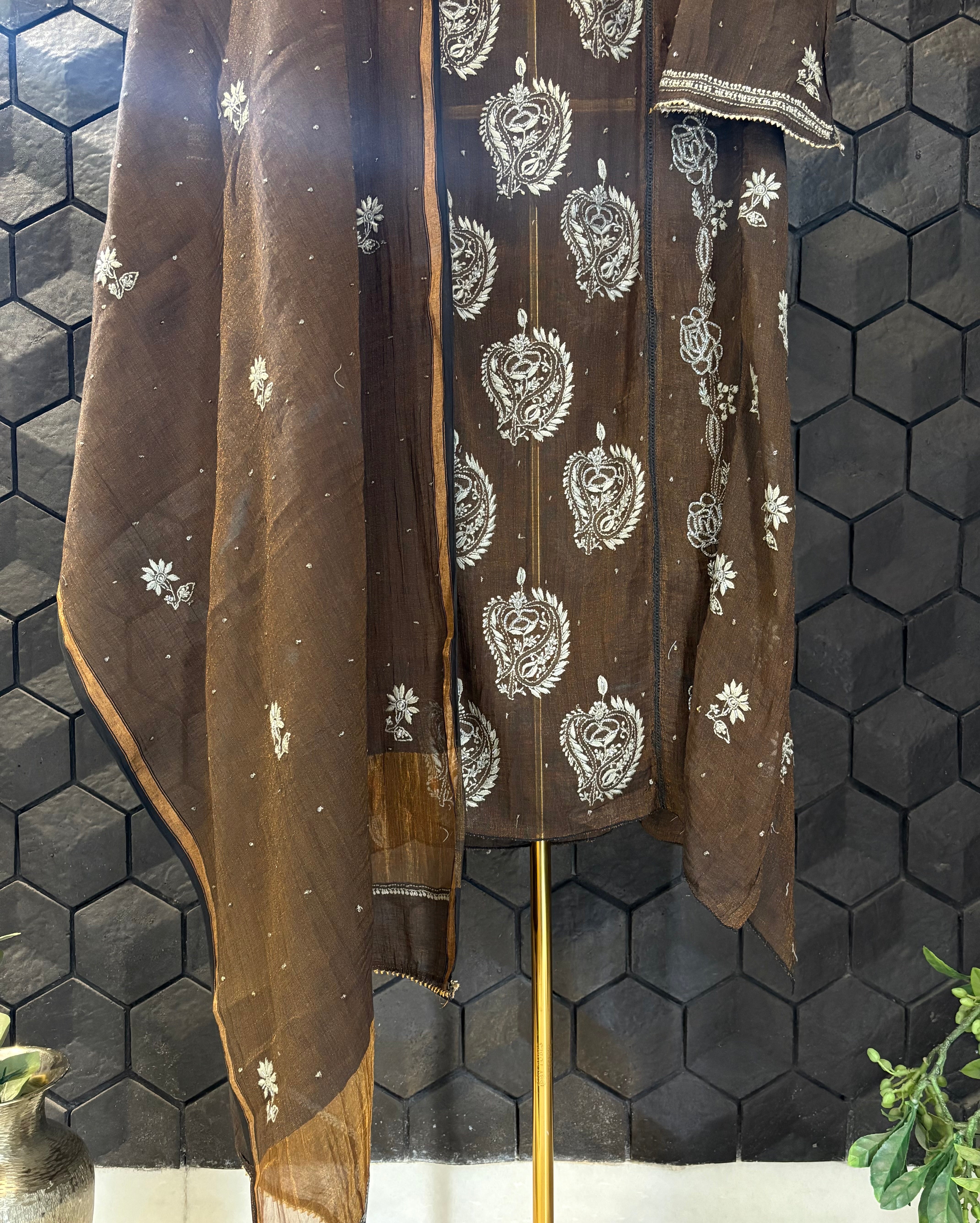 Brown Tissue Chikankari Anarkali Set