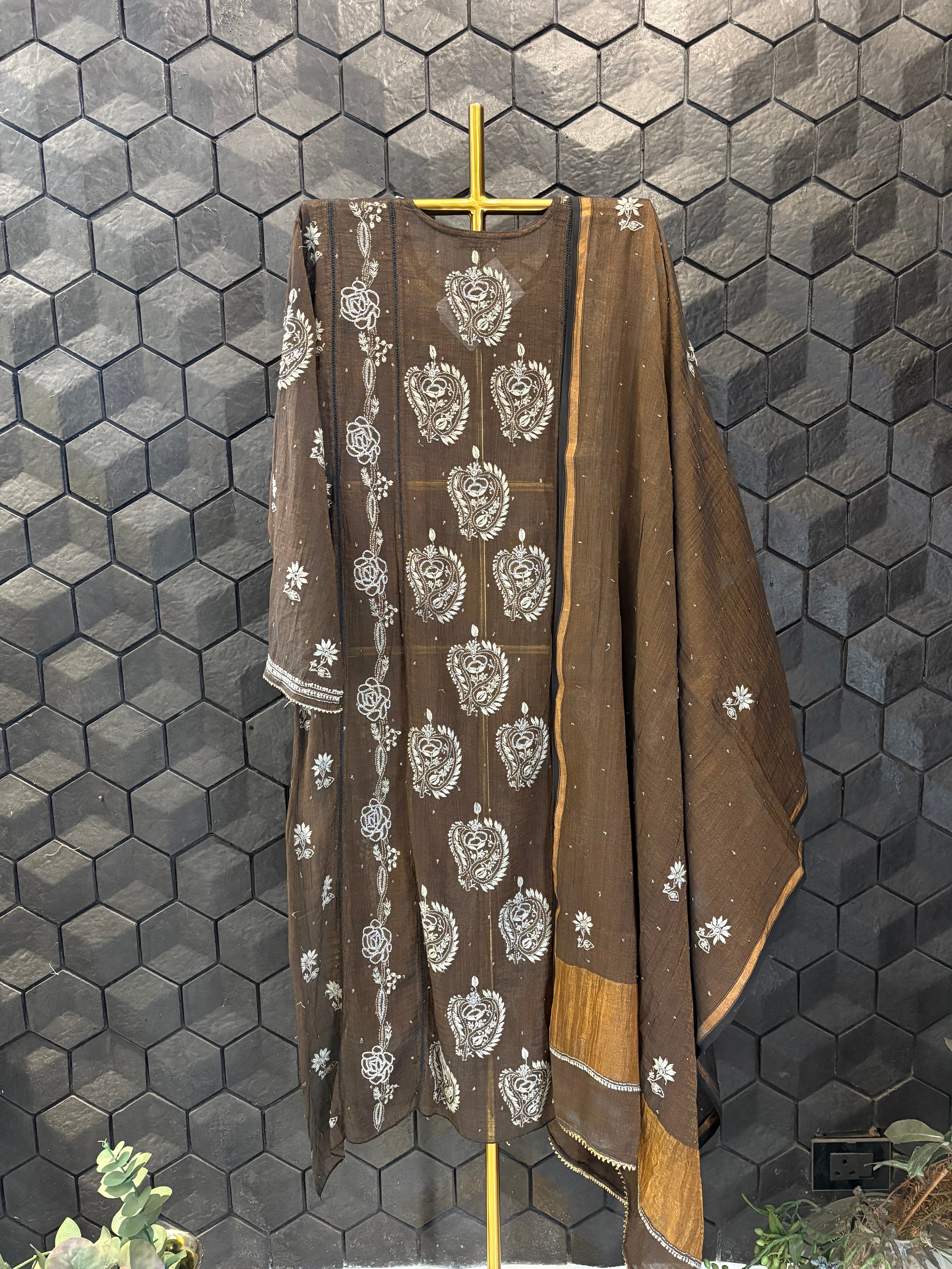 Brown Tissue Chikankari Anarkali Set