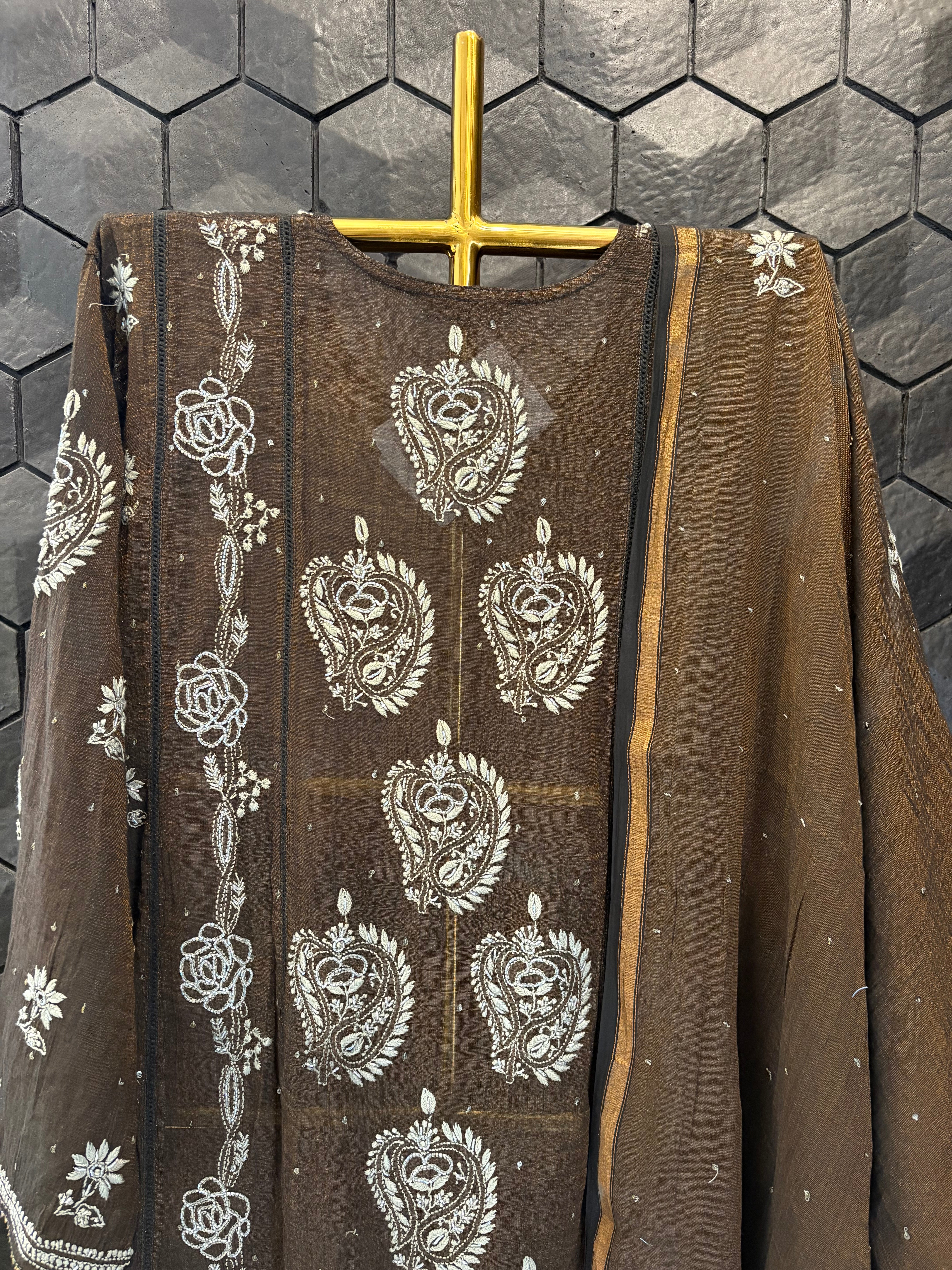 Brown Tissue Chikankari Anarkali Set