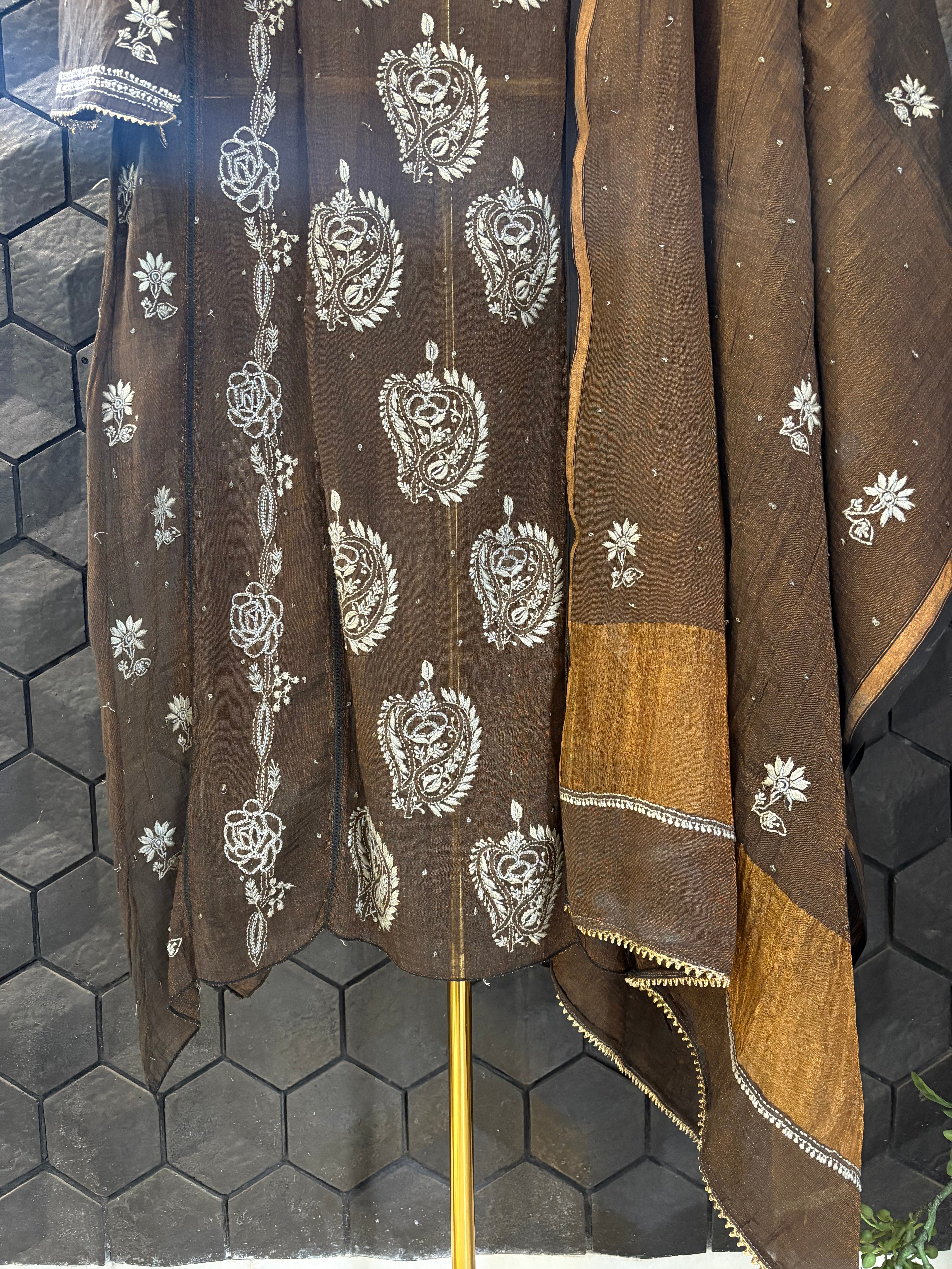 Brown Tissue Chikankari Anarkali Set