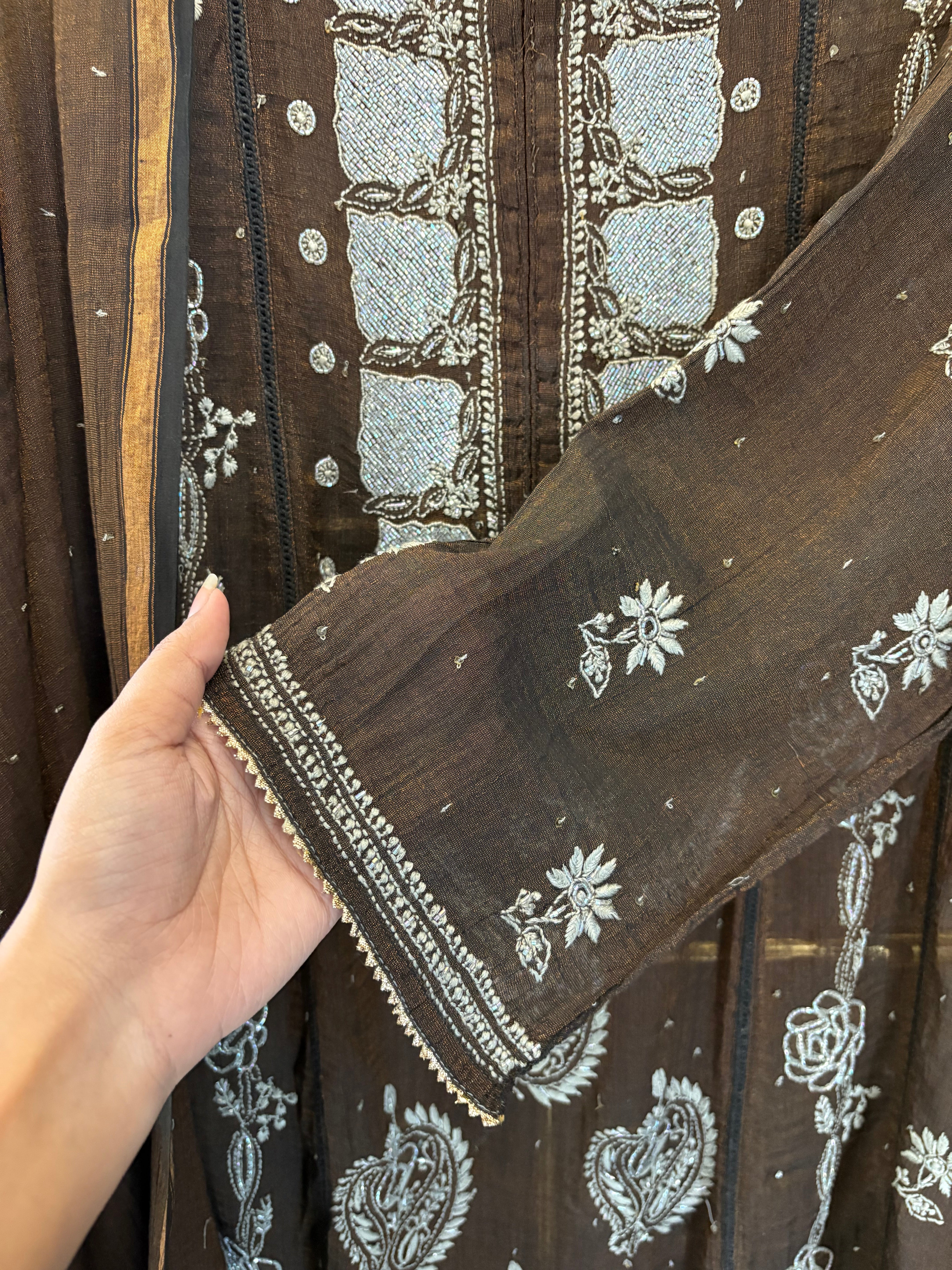 Brown Tissue Chikankari Anarkali Set
