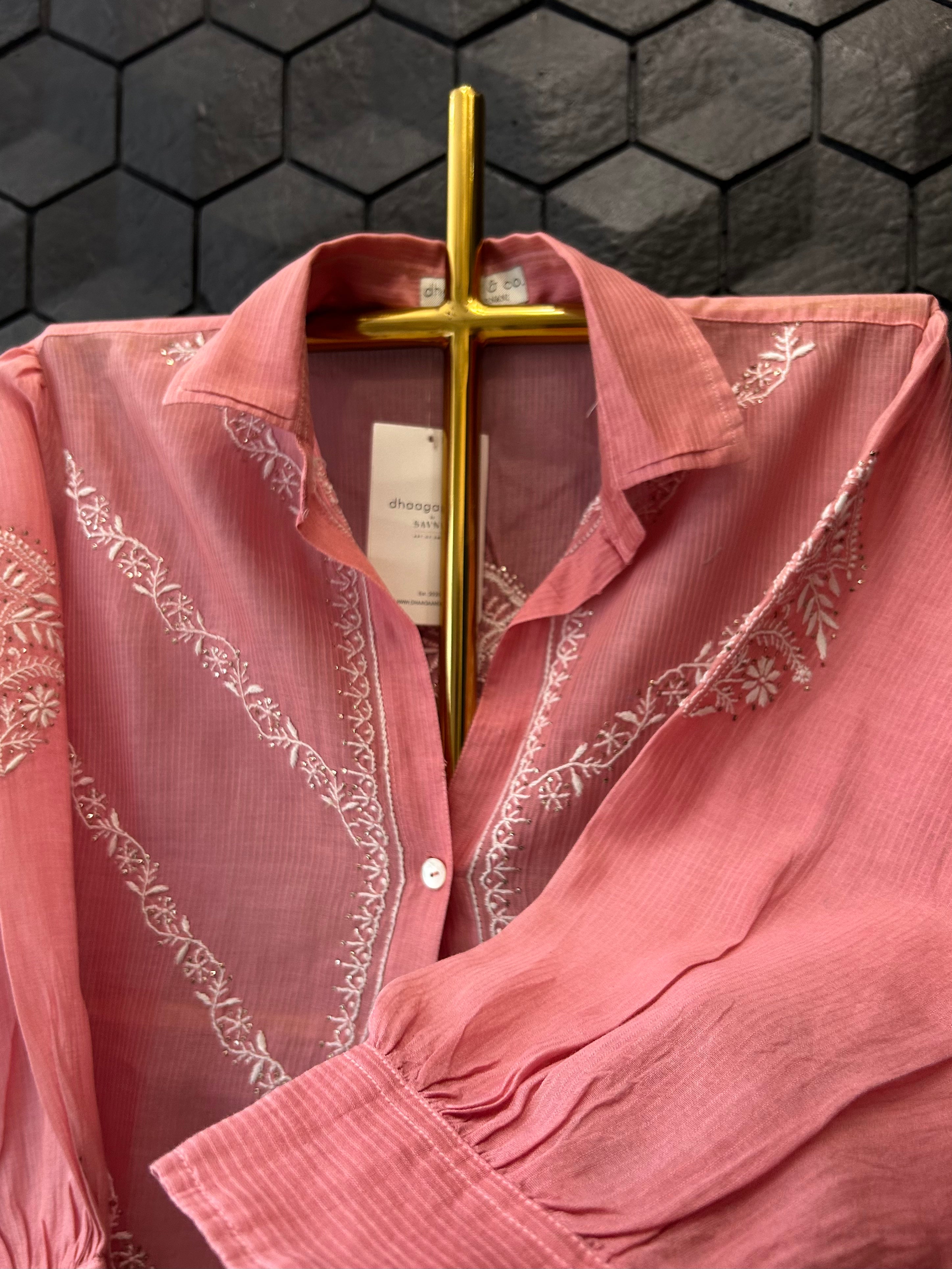 Brick Red Maheshwari Chanderi Chikankari Shirt