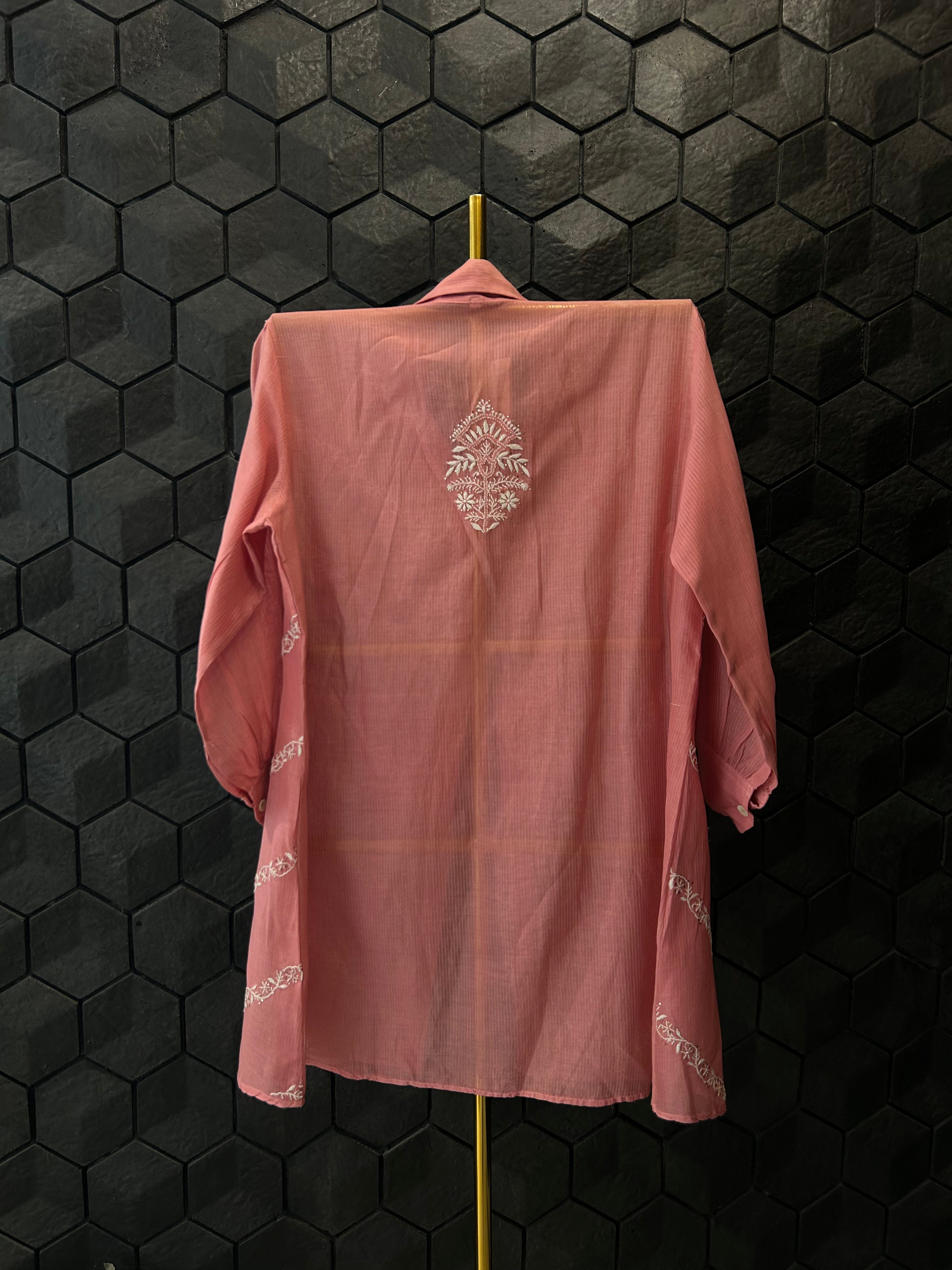 Brick Red Maheshwari Chanderi Chikankari Shirt