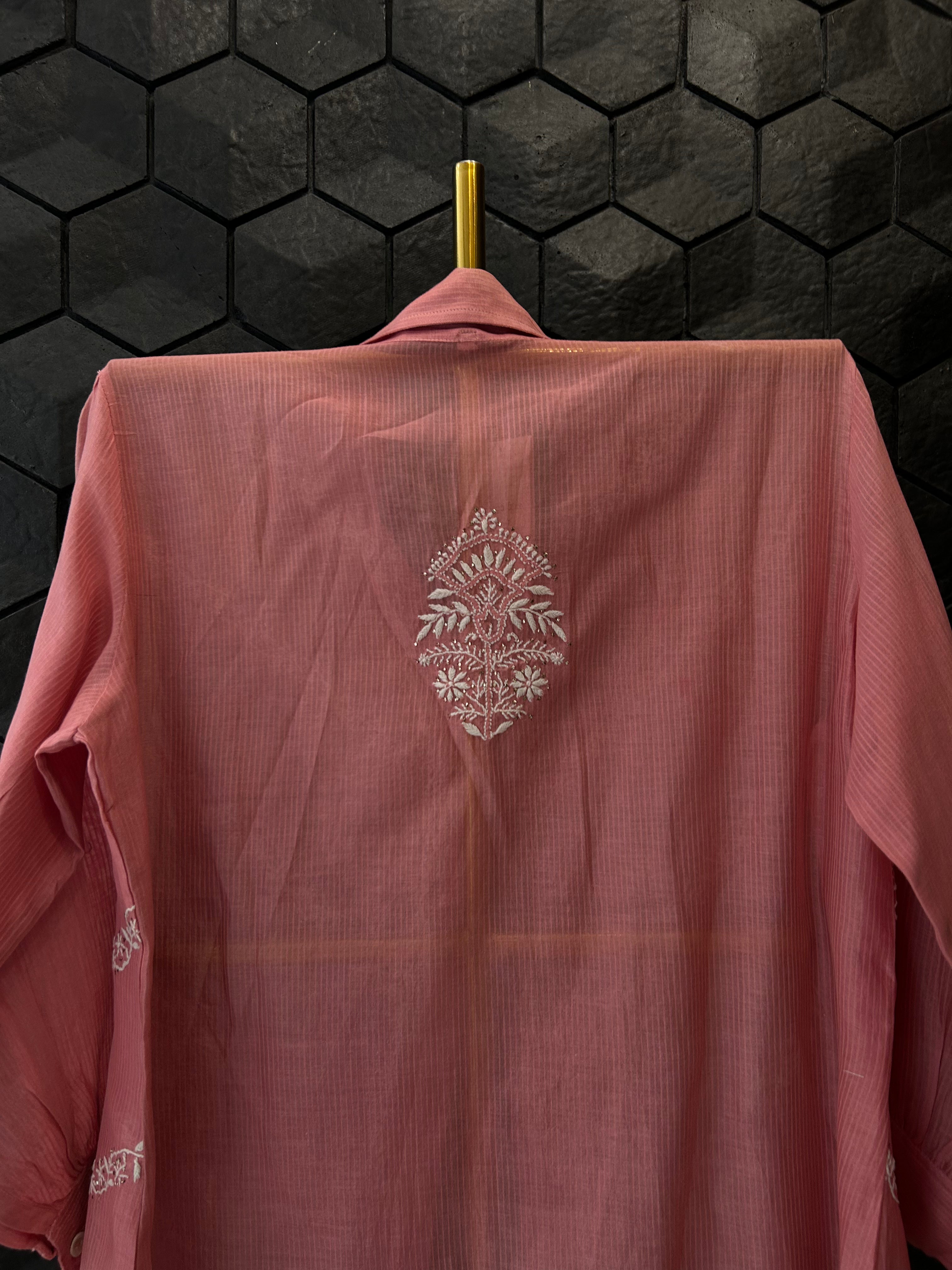 Brick Red Maheshwari Chanderi Chikankari Shirt