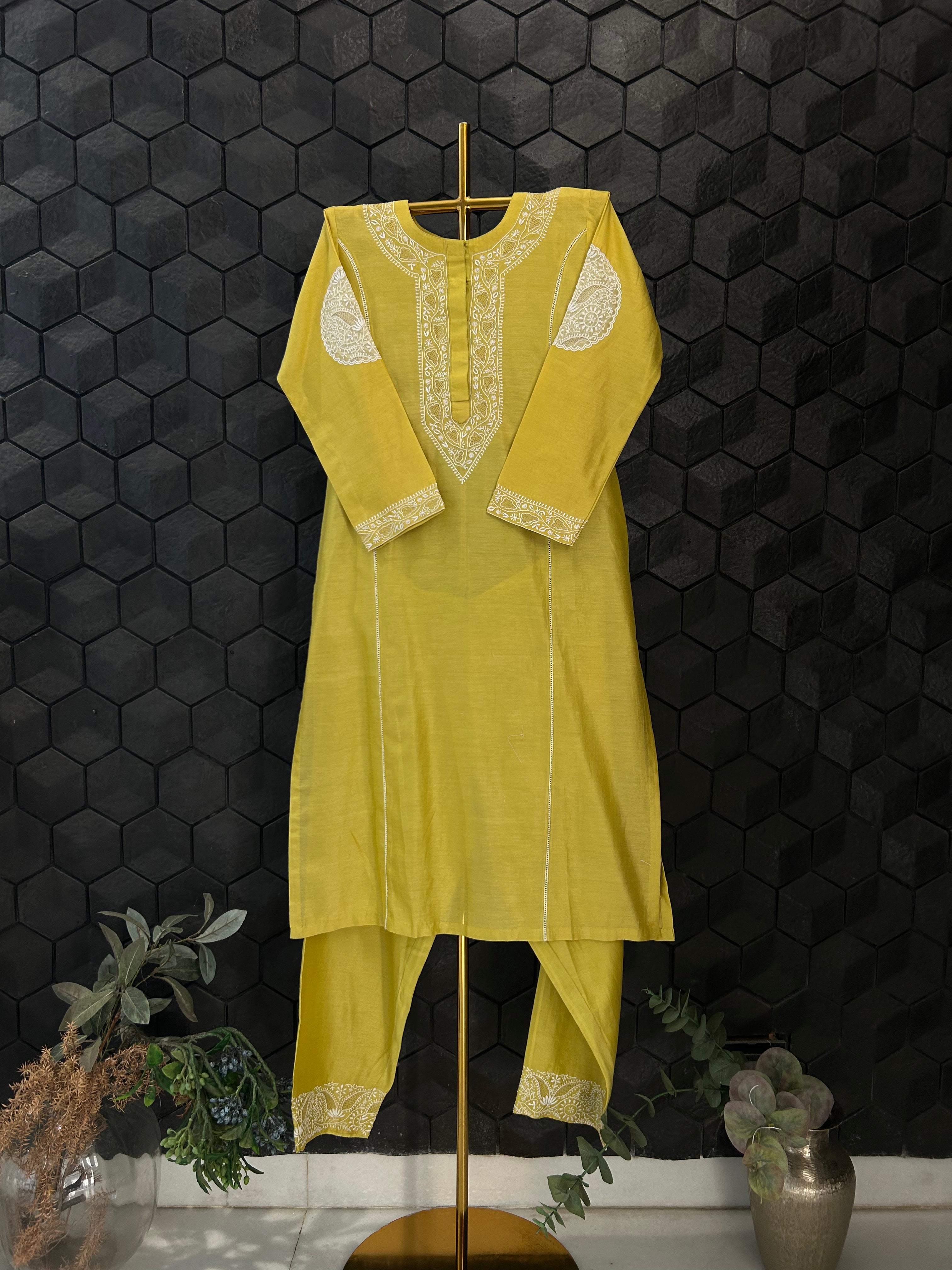 Lime Green Chanderi Chikankari Co-ord Set