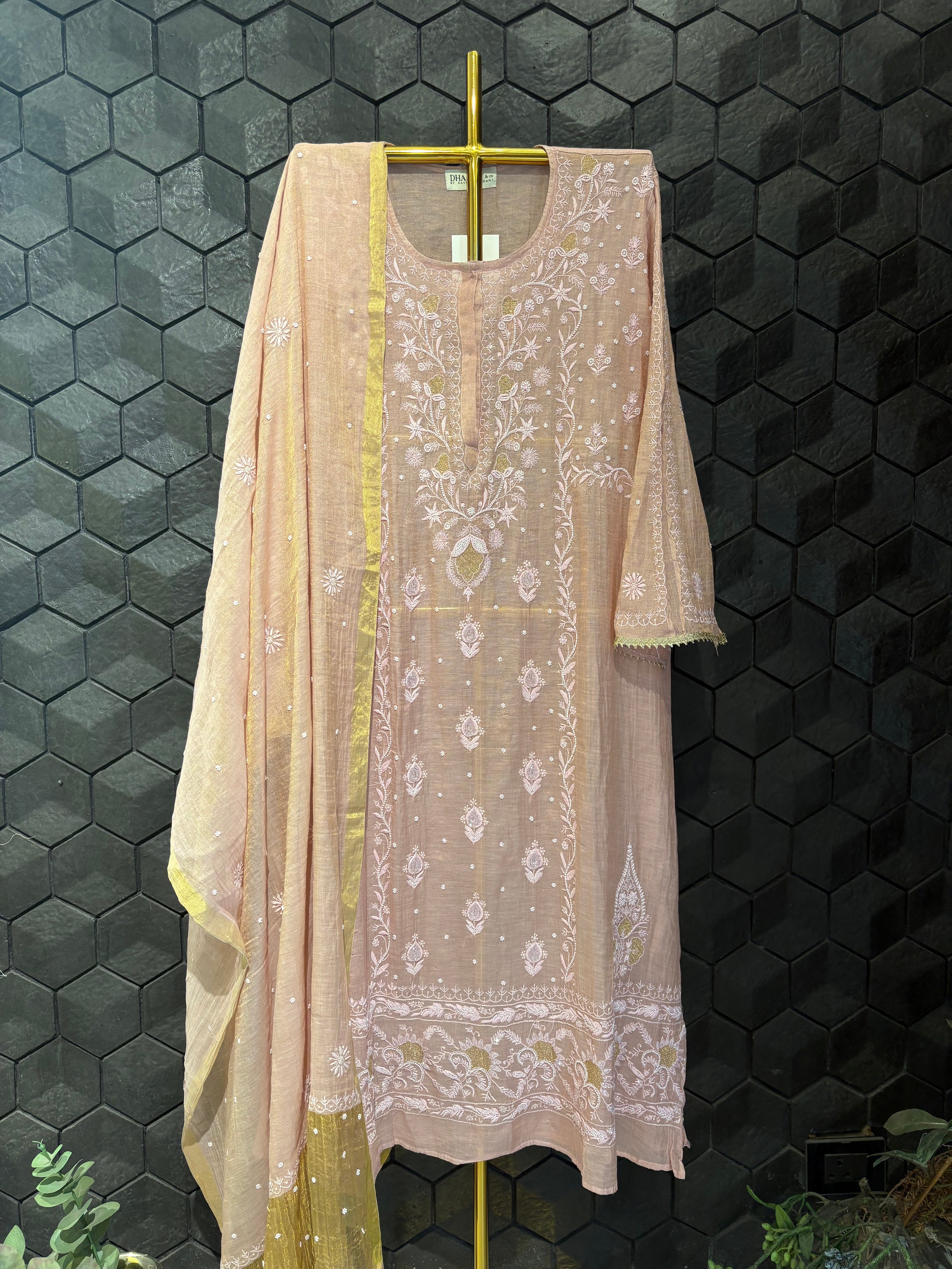 Pink Tissue Chikankari Kurta Set