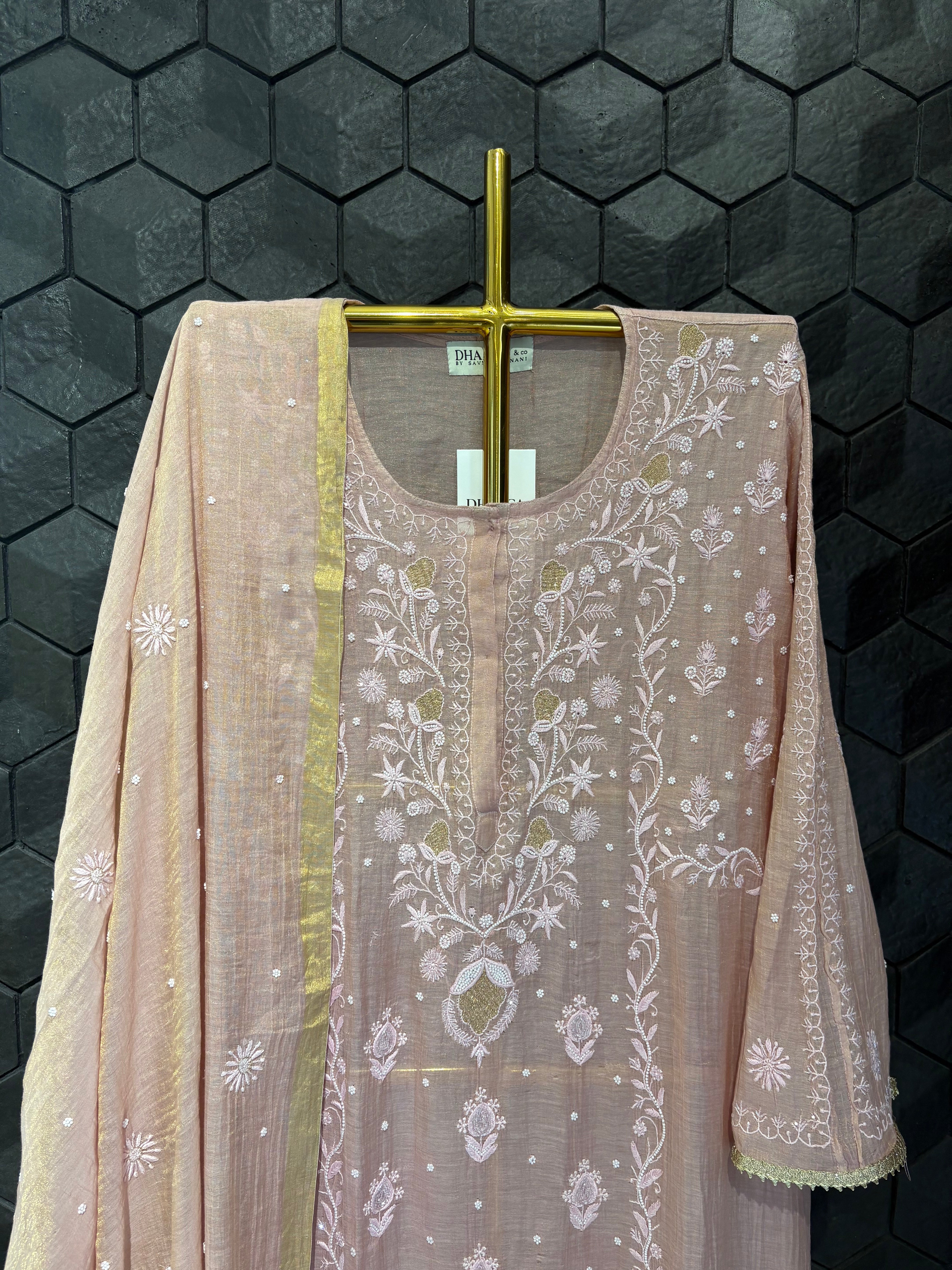 Pink Tissue Chikankari Kurta Set
