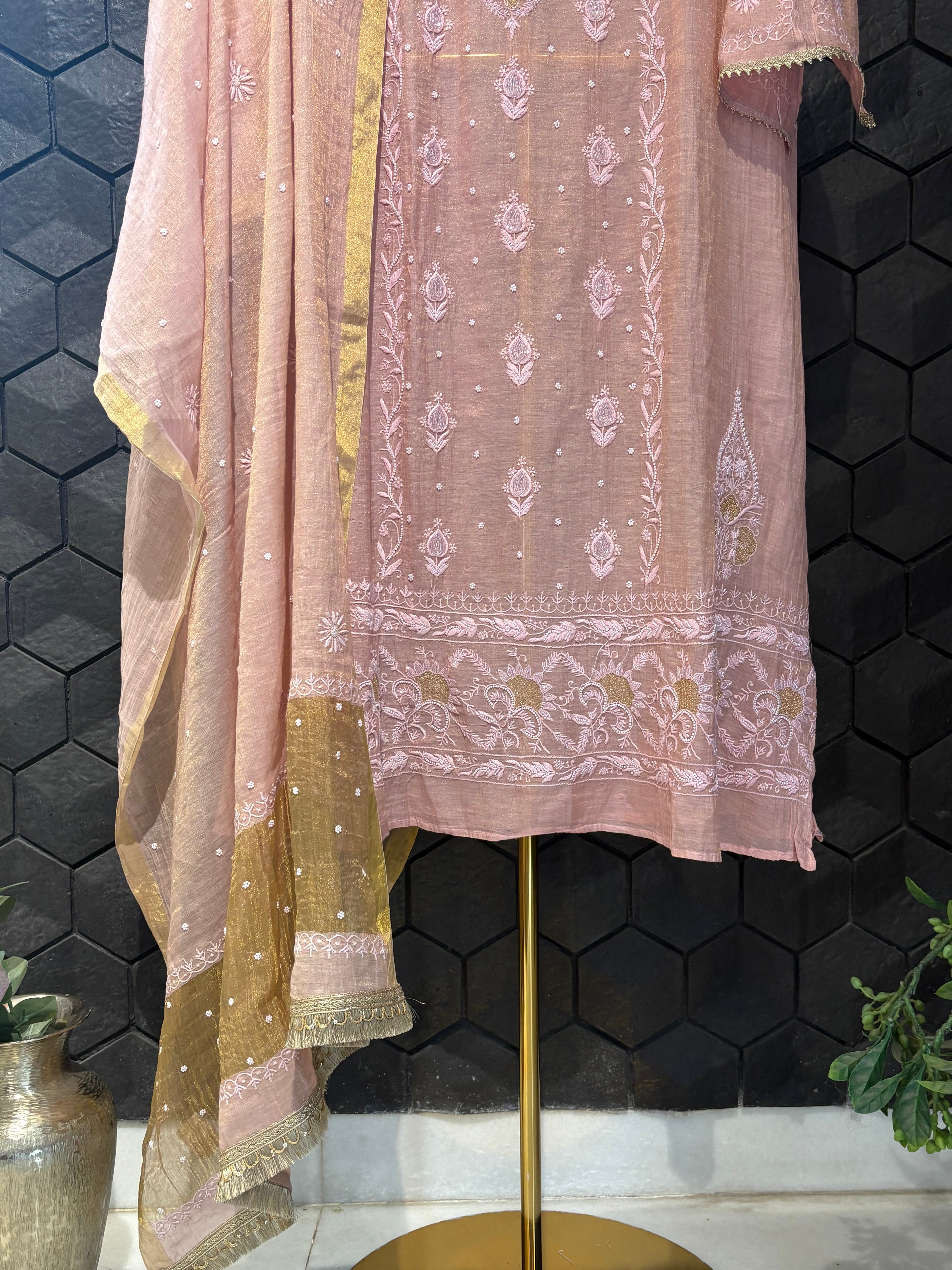 Pink Tissue Chikankari Kurta Set