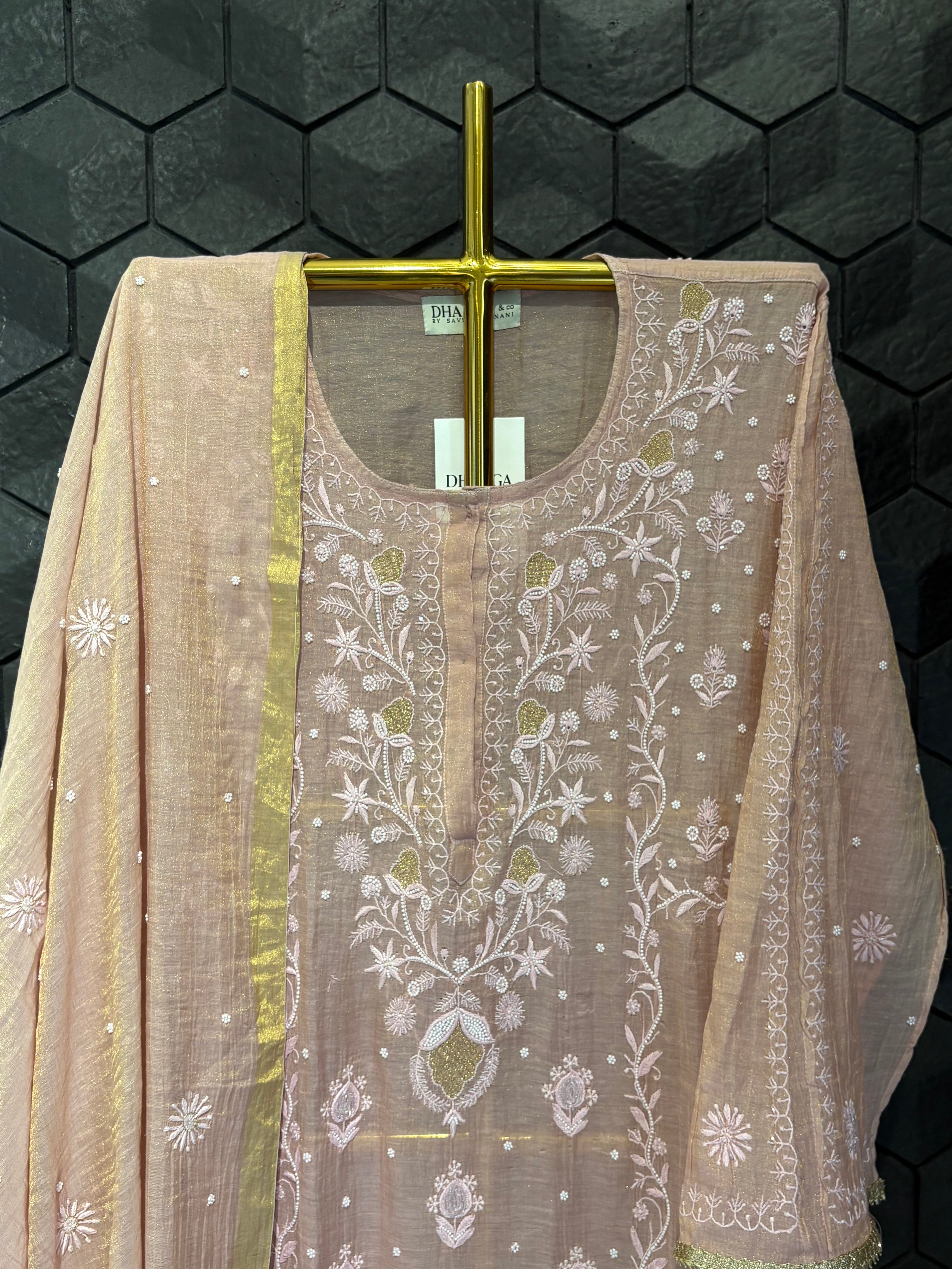 Pink Tissue Chikankari Kurta Set