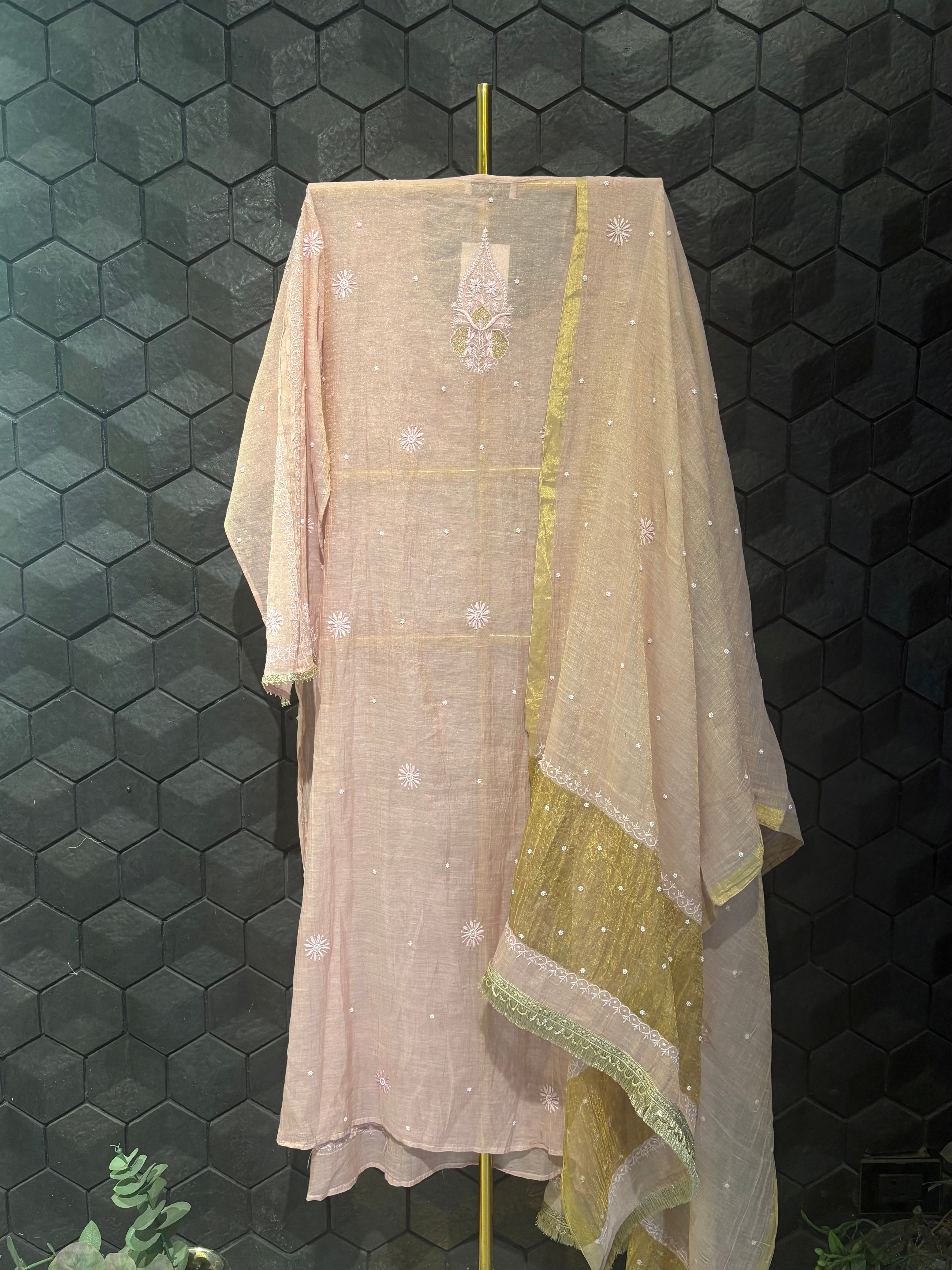 Pink Tissue Chikankari Kurta Set