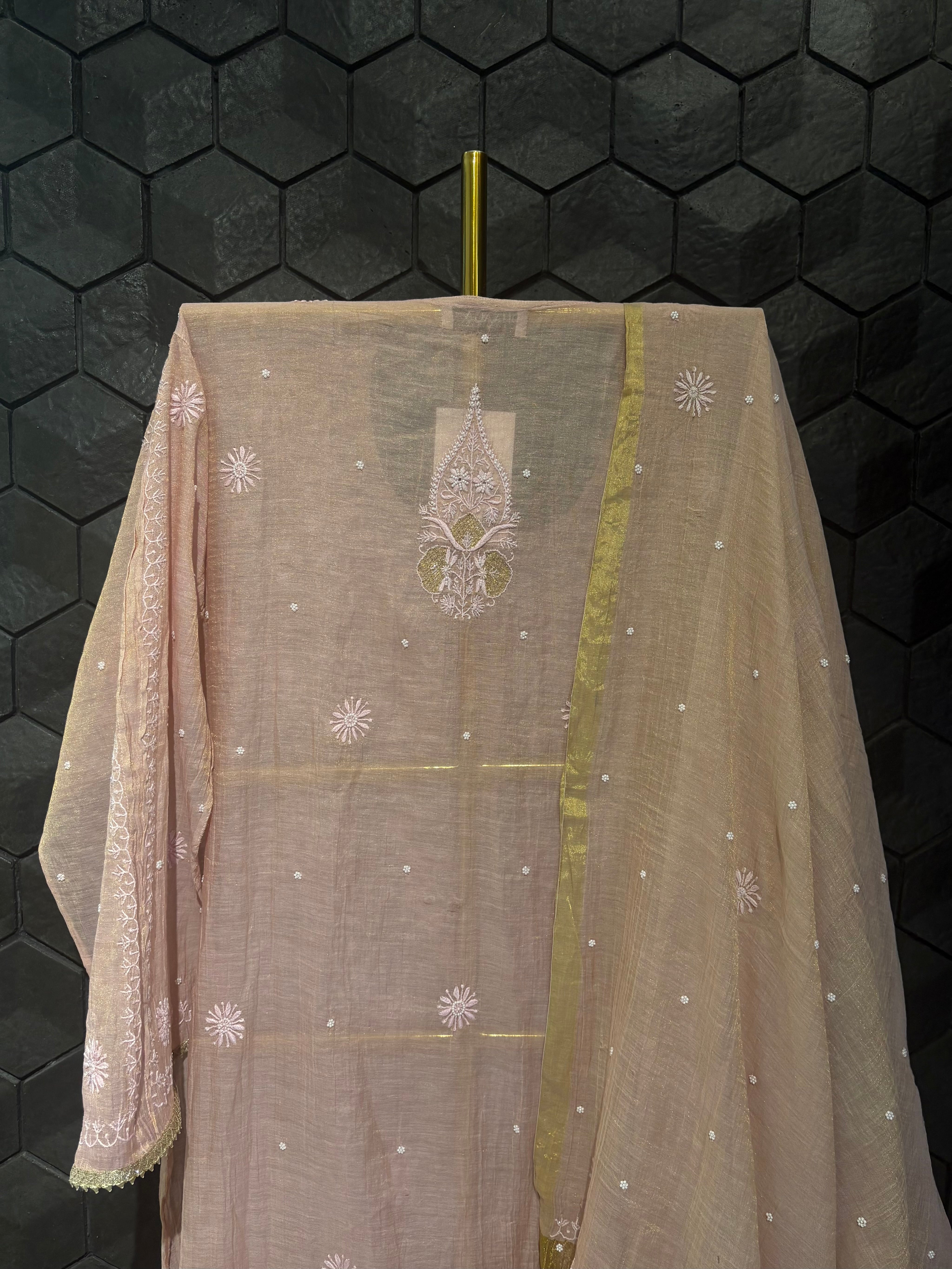 Pink Tissue Chikankari Kurta Set