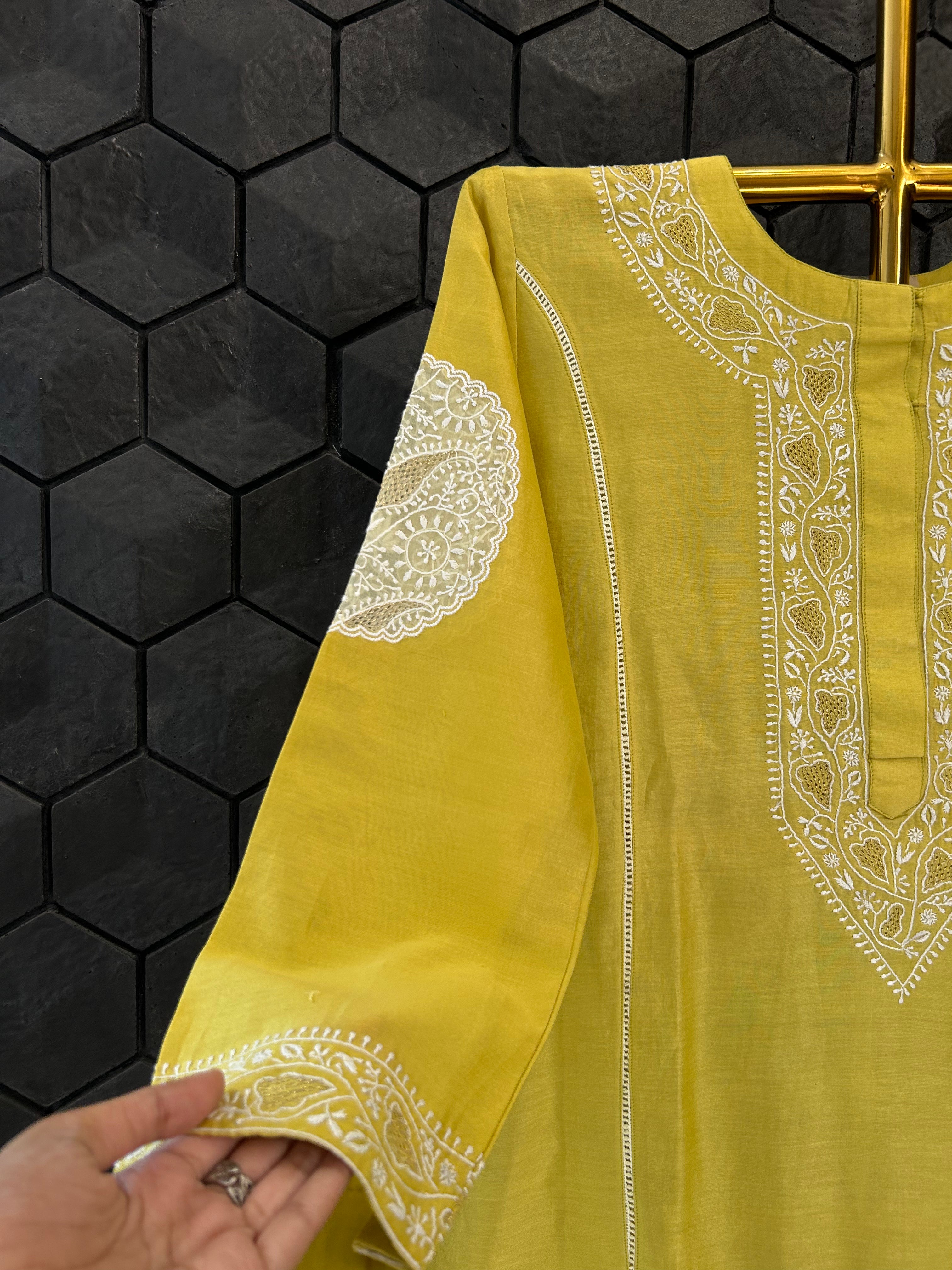 Lime Green Chanderi Chikankari Co-ord Set