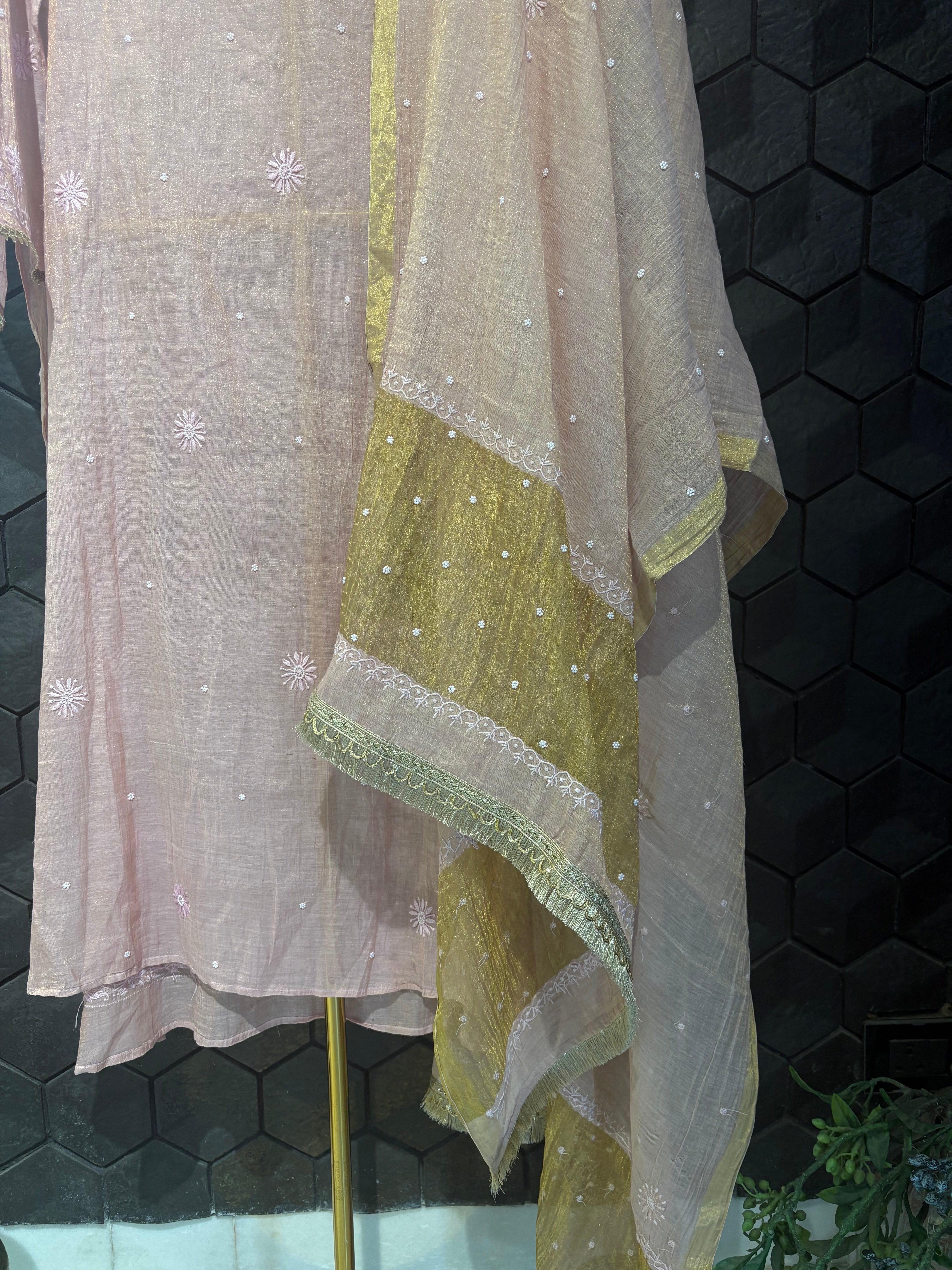 Pink Tissue Chikankari Kurta Set