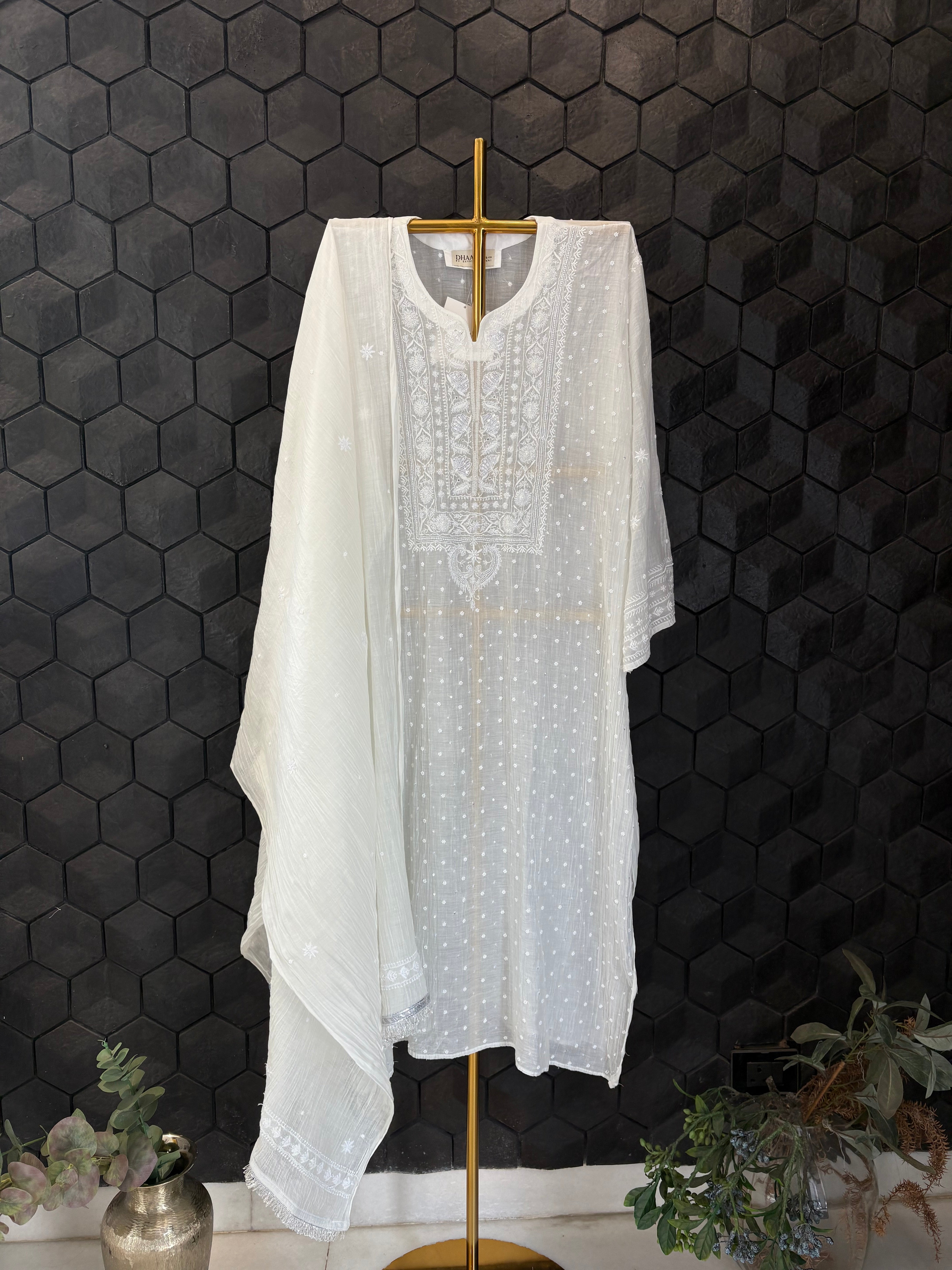 Ivory Mul Chanderi Chikankari Kurta Set