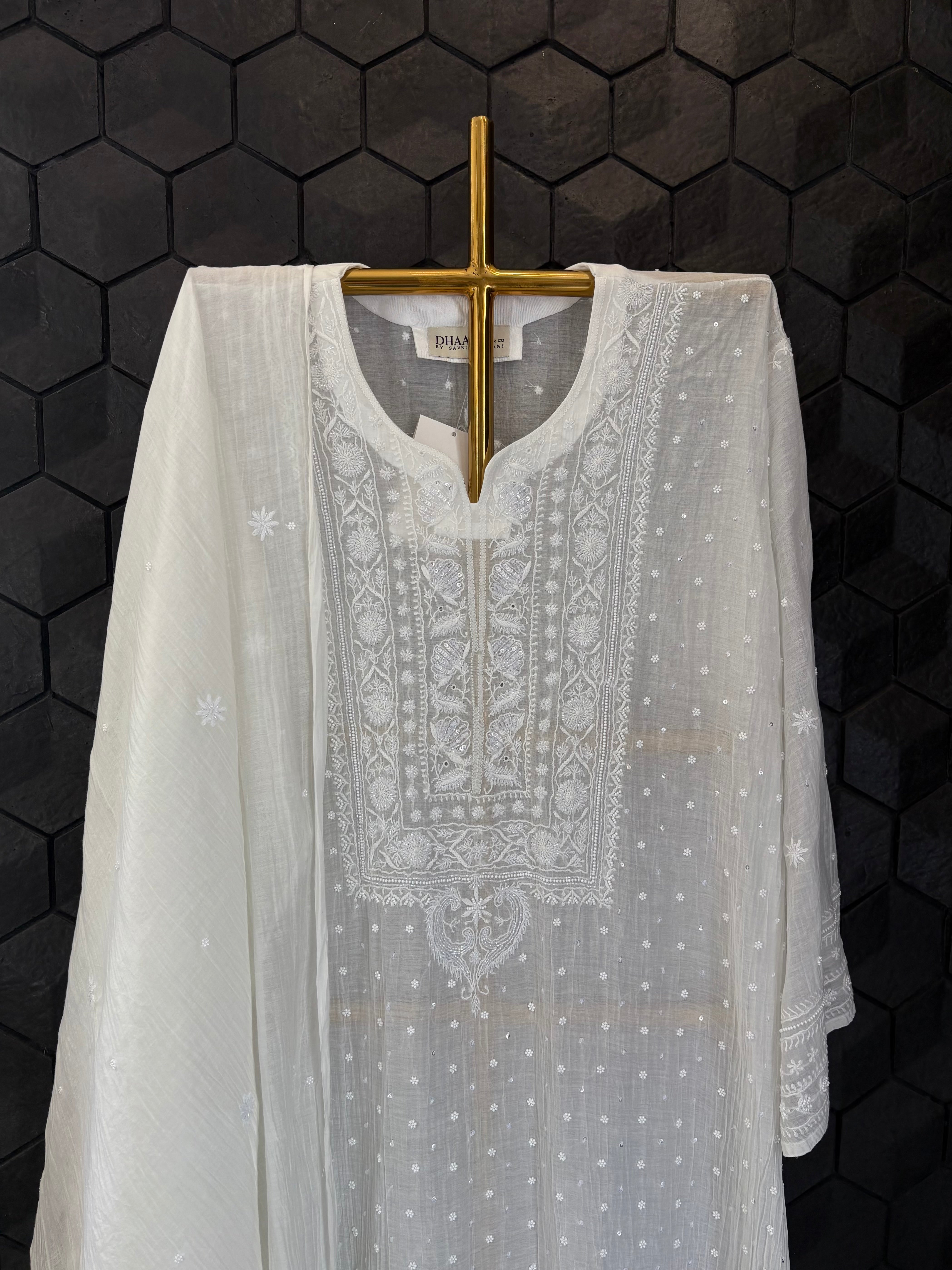 Ivory Mul Chanderi Chikankari Kurta Set