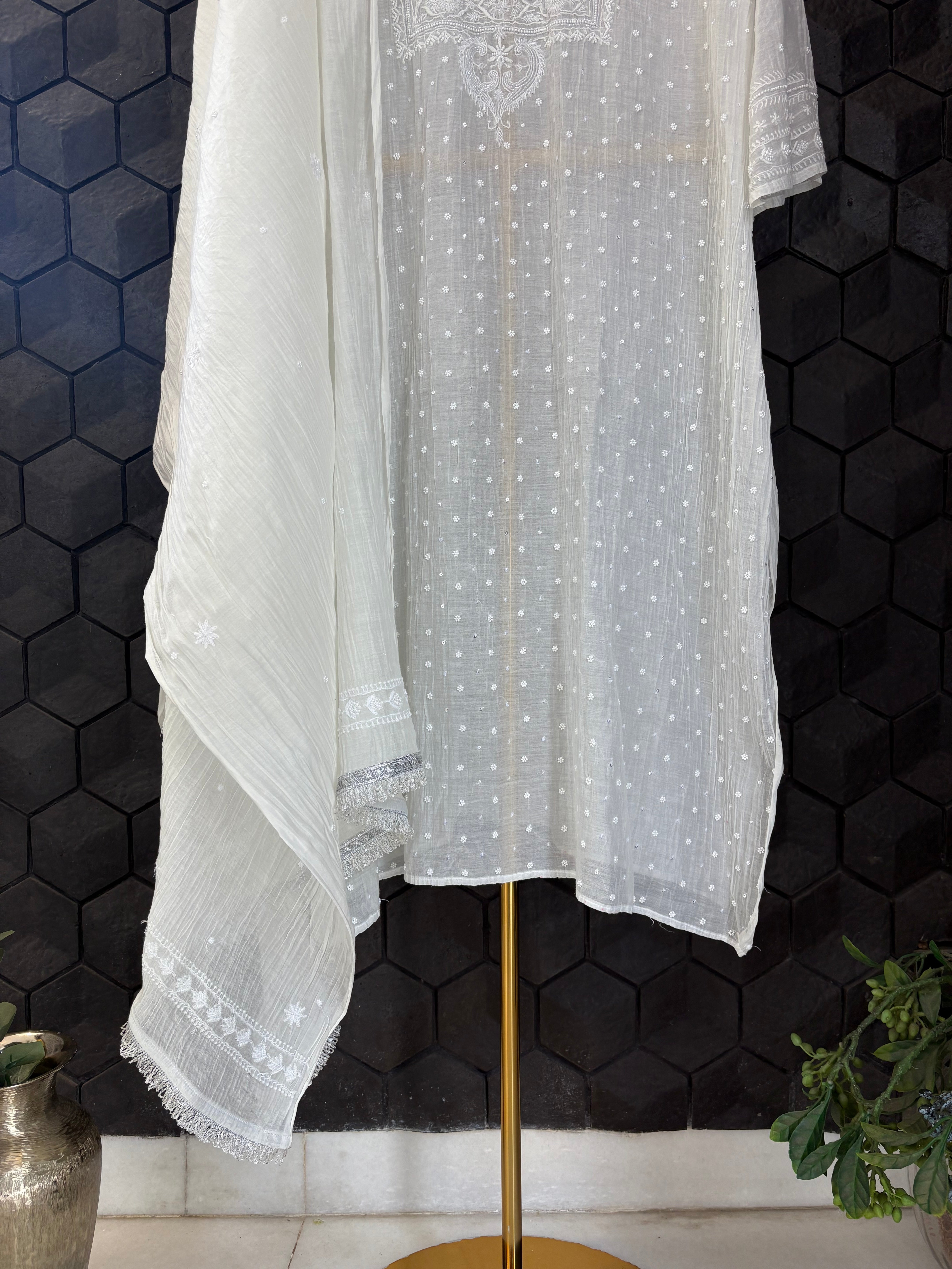 Ivory Mul Chanderi Chikankari Kurta Set