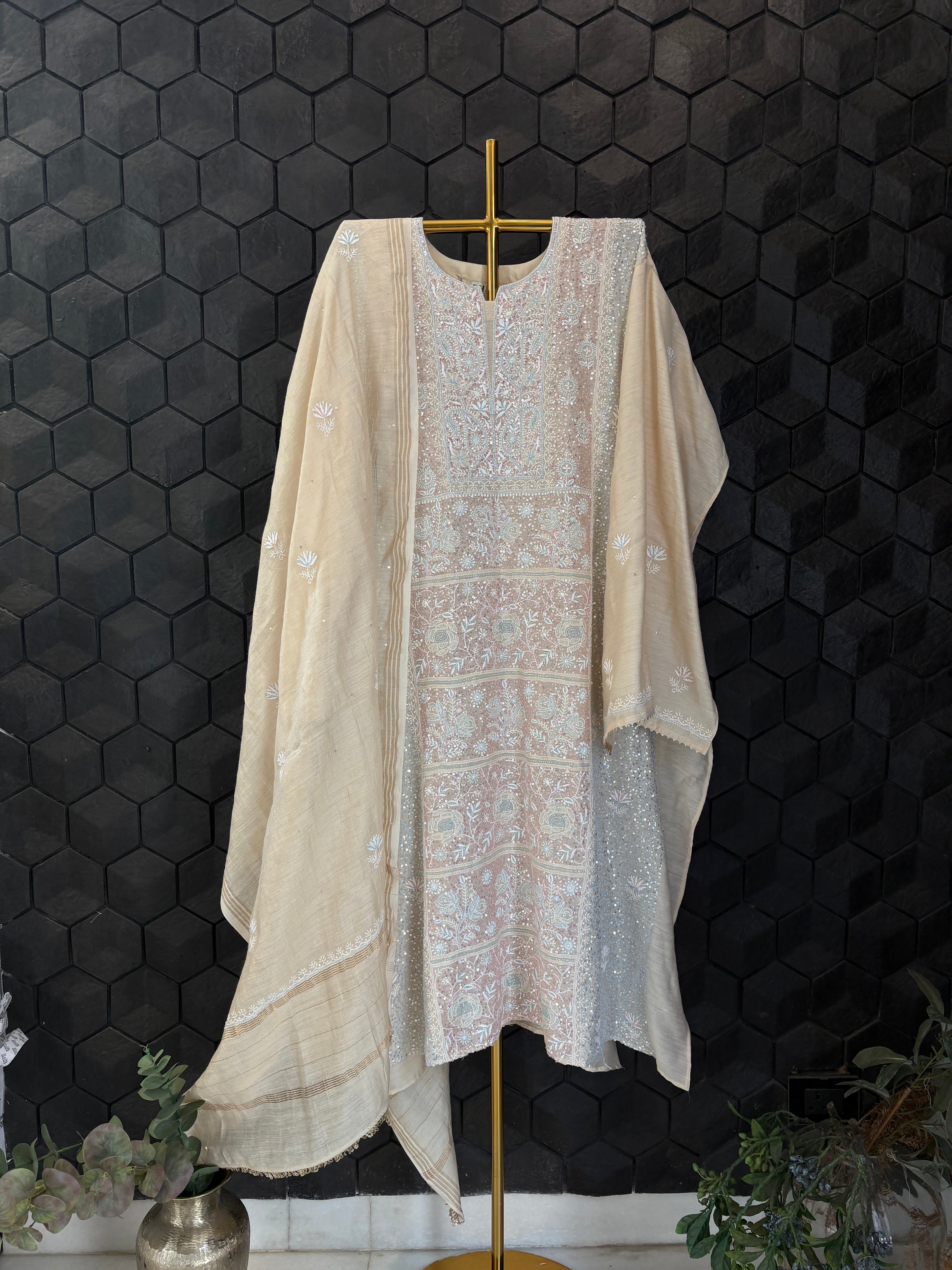 Beige A-line suit in moonga silk