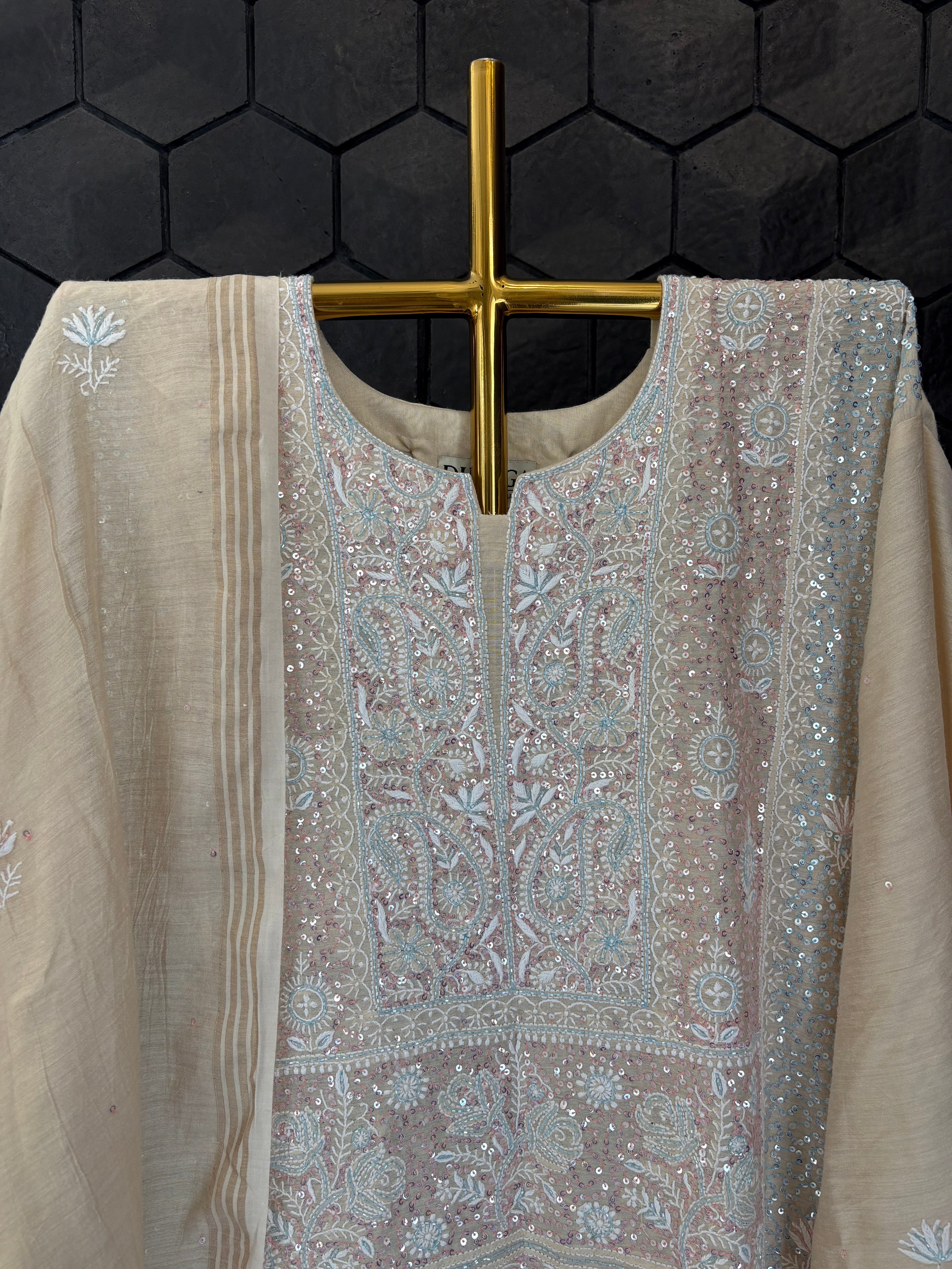 Beige A-line suit in moonga silk