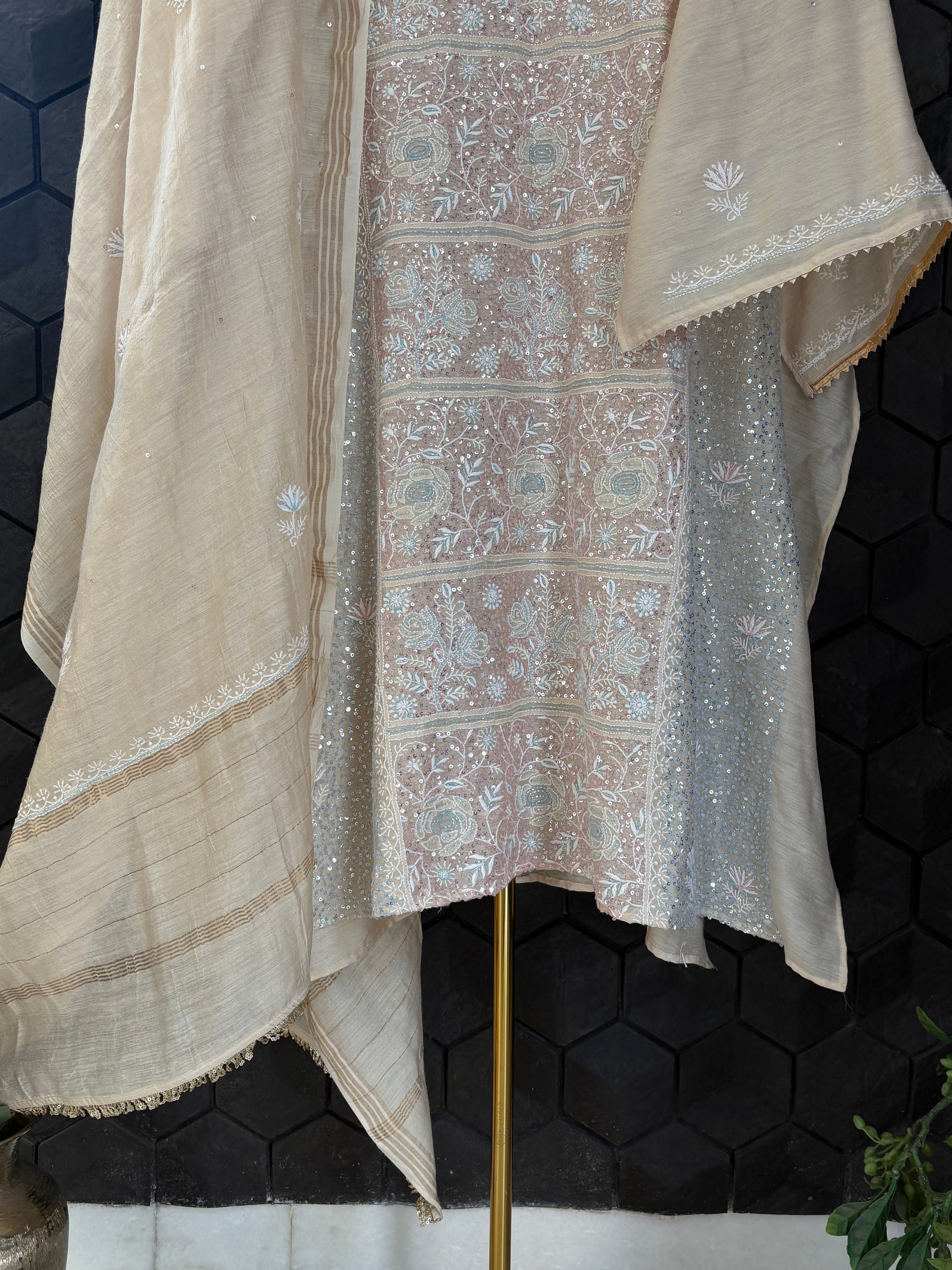 Beige A-line suit in moonga silk